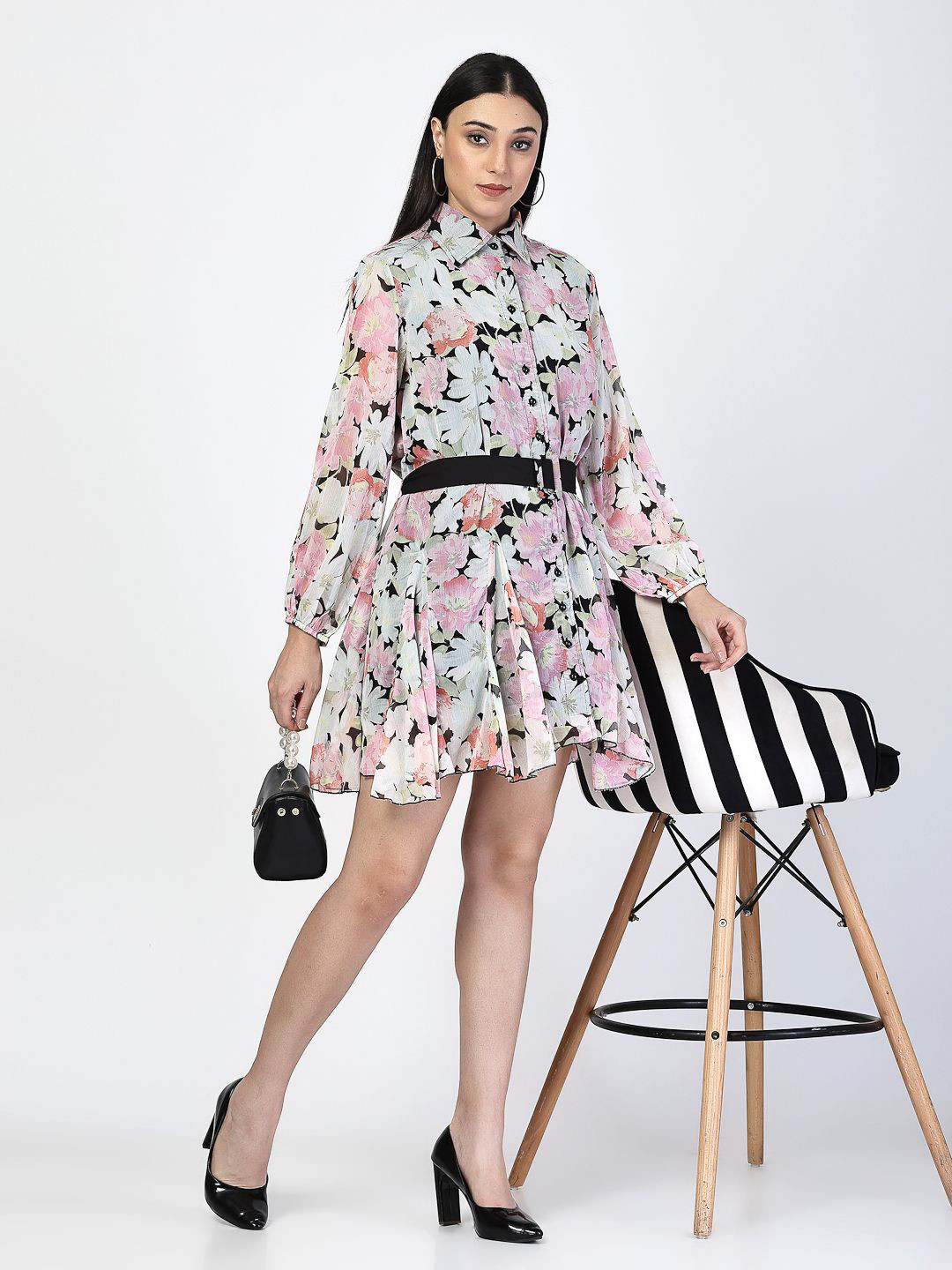 COSMIC TRIO Floral Printed Puff Sleeve Chiffon Shirt Dress with Belt