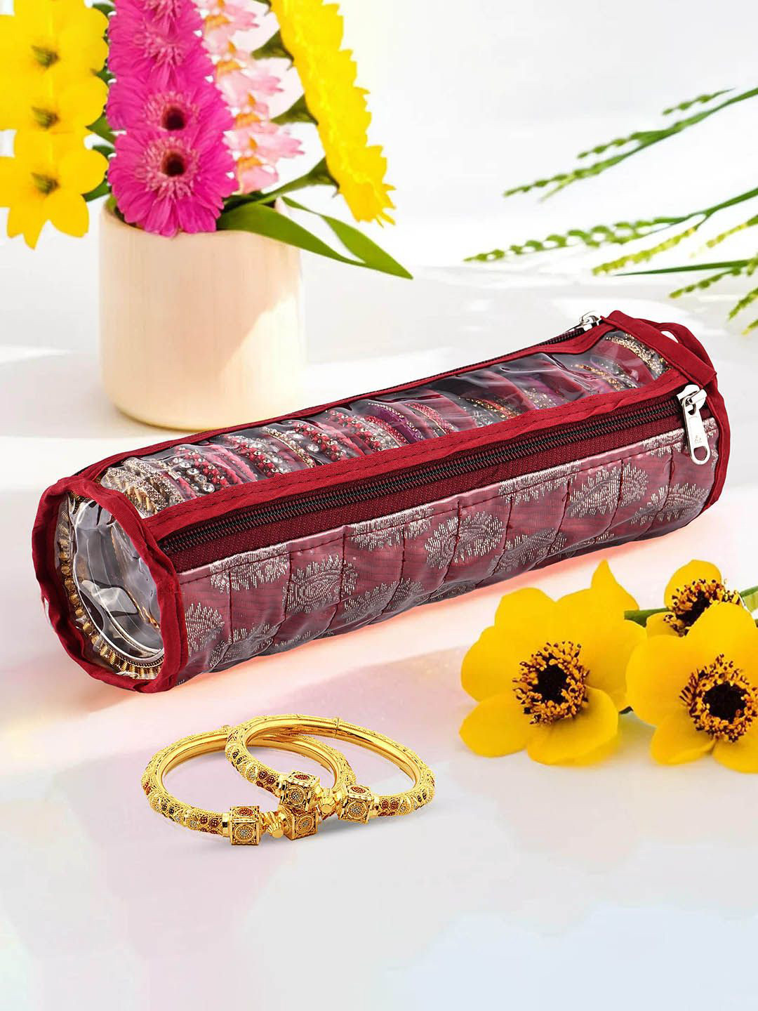 Kuber Industries Maroon & Transpatent Printed 10 Compartments Jewellery Organiser
