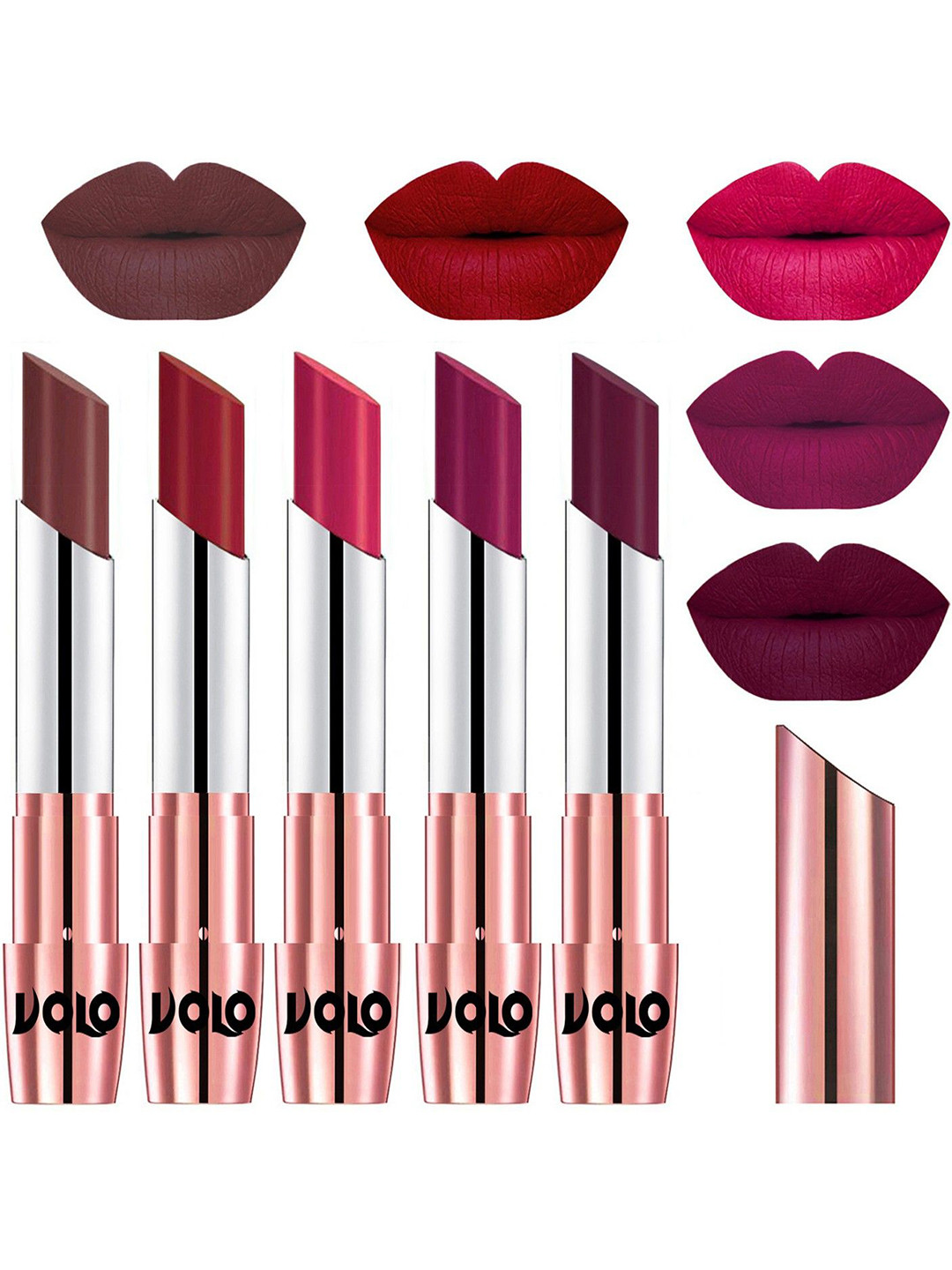 VOLO Set Of 5 Creme Matte Lipsticks - Coffee 34-Red 43-Passion Pink 44-Magenta 45-Wine 47