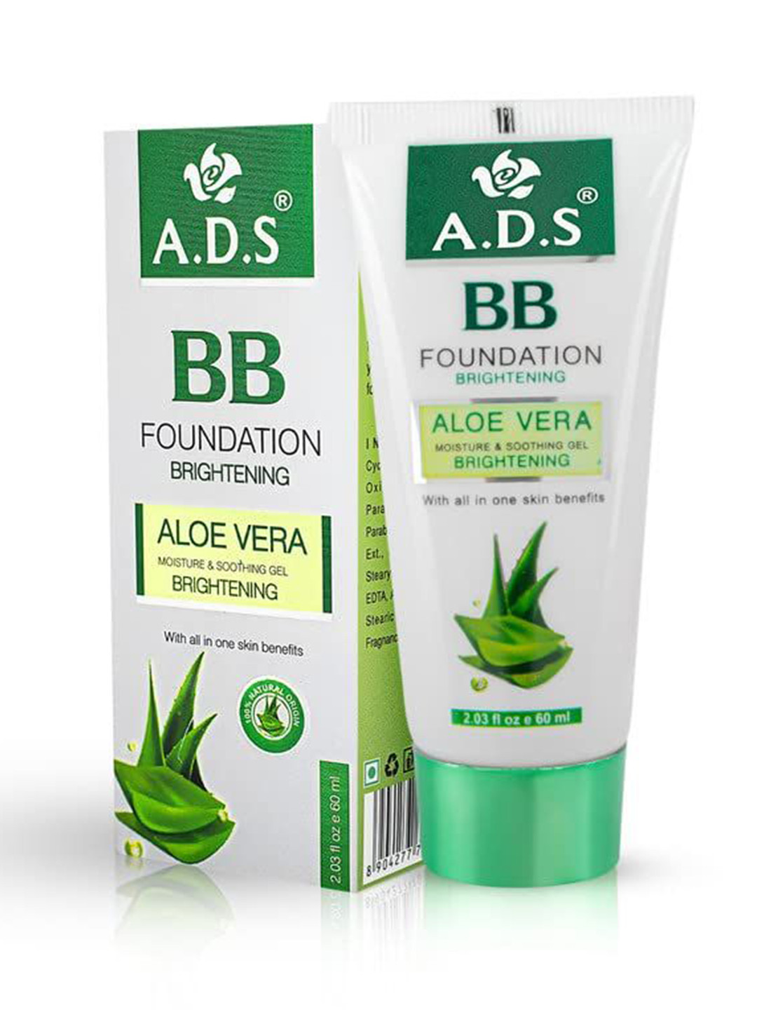 A.D.S Aloe Vera Professional BB Foundation & Sponge Beauty Blender Puff, 60gm Shade-02
