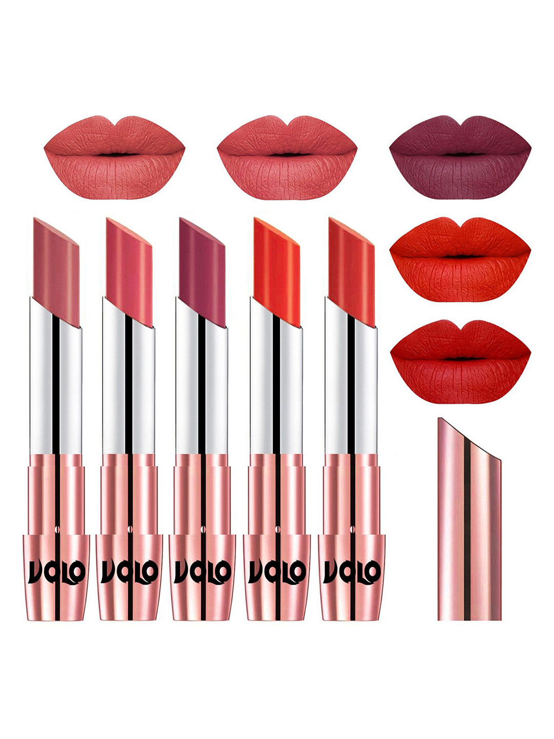 VOLO Set Of 5 Creme Matte Lipstick 3.5g Each-Light Peach-Dark Peach-Rose Pink-Coral-Orange