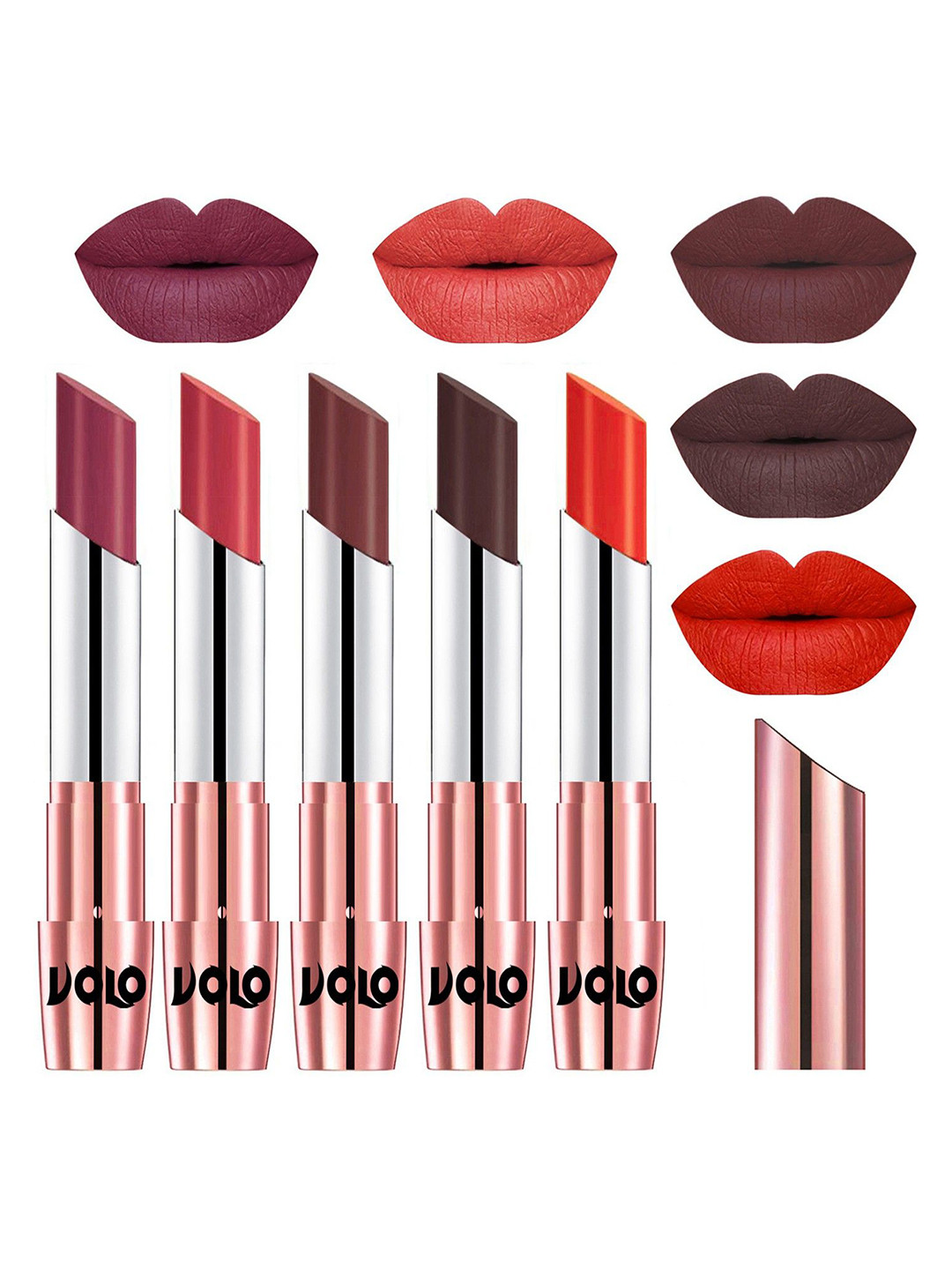 VOLO Set Of 5 Creme Matte Lipstick - 3.5 g Each -Coffee-Dark Peach-Rose Pink-Coral-Maroon