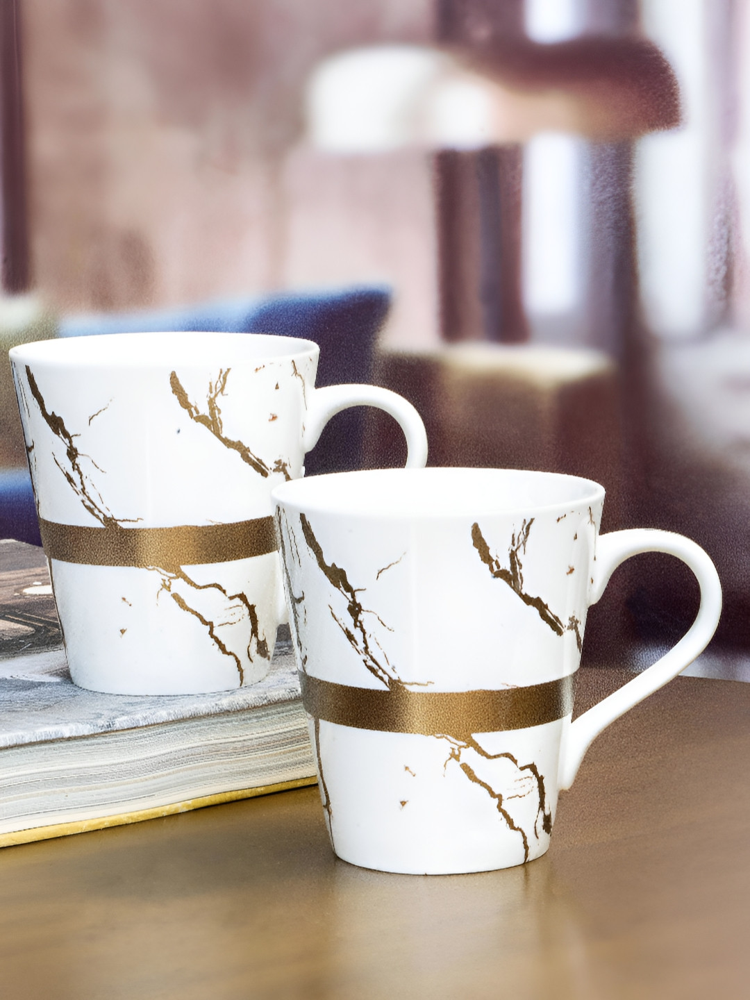 White Gold White 2 Pieces Printed Porcelain Glossy Coffee Mugs
