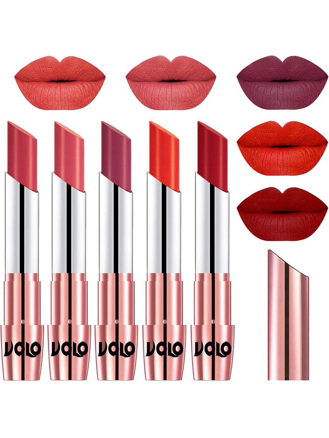 VOLO Set Of 5 Matte Lipsticks -Peach 33-Dark Peach 37-Rose Pink 38-Coral 39-Tomato Red 40