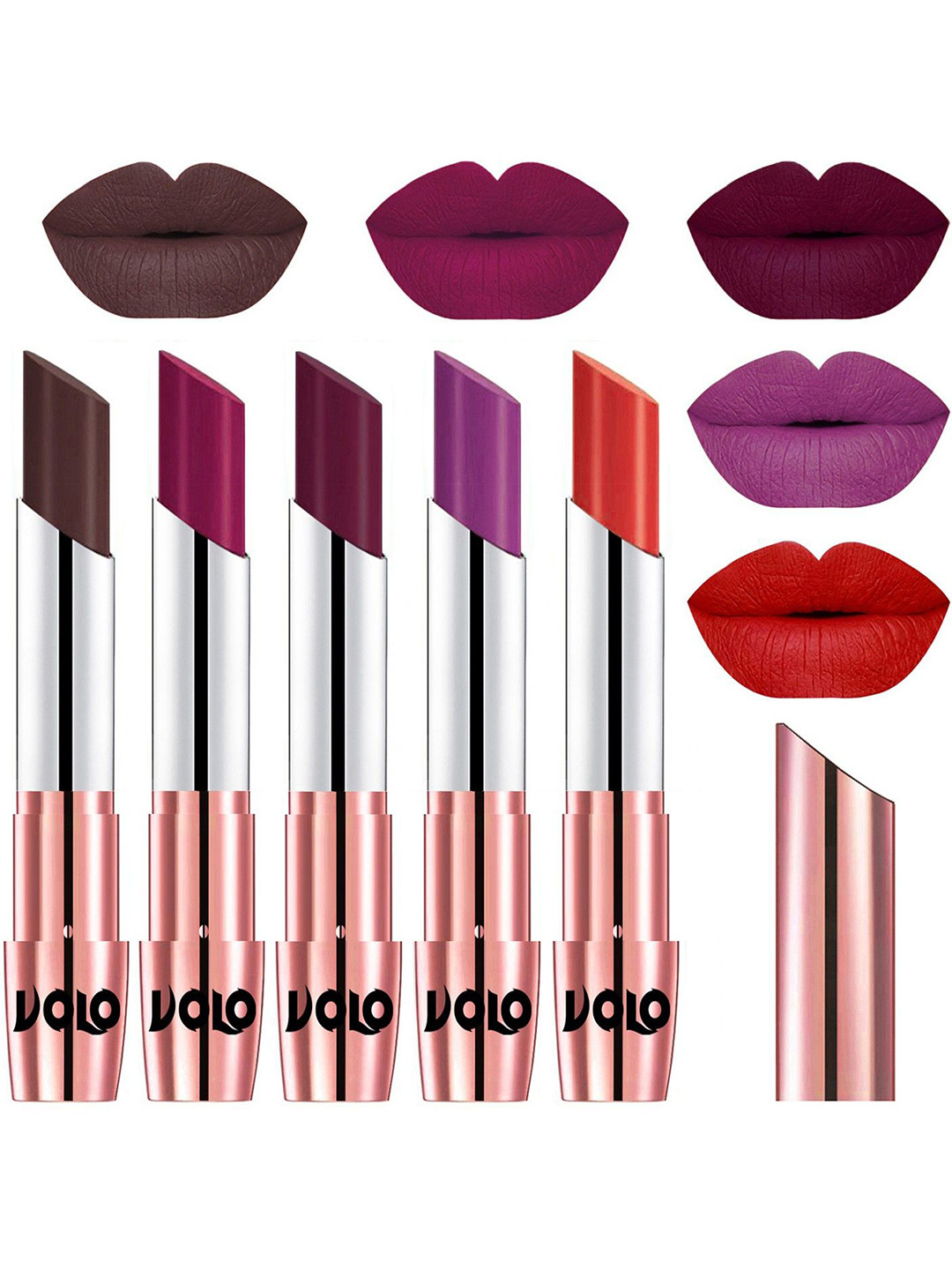 VOLO Set Of 5 Creme Matte Lipstick -Chocolate35- Magenta45- Wine47- Purple48- Orange49