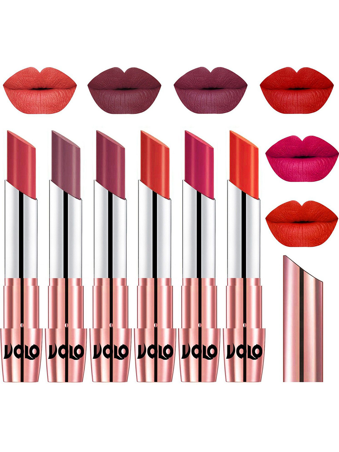 VOLO Set Of 6 Creme Matte Lipstick-Peach-Plum-Cherry-Orange-Passion Pink-Coral