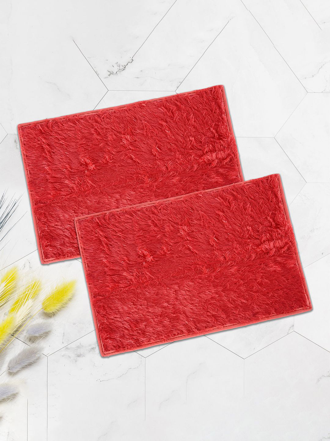 Kuber Industries Red 2 Pieces Furry Anti Slip Doormats