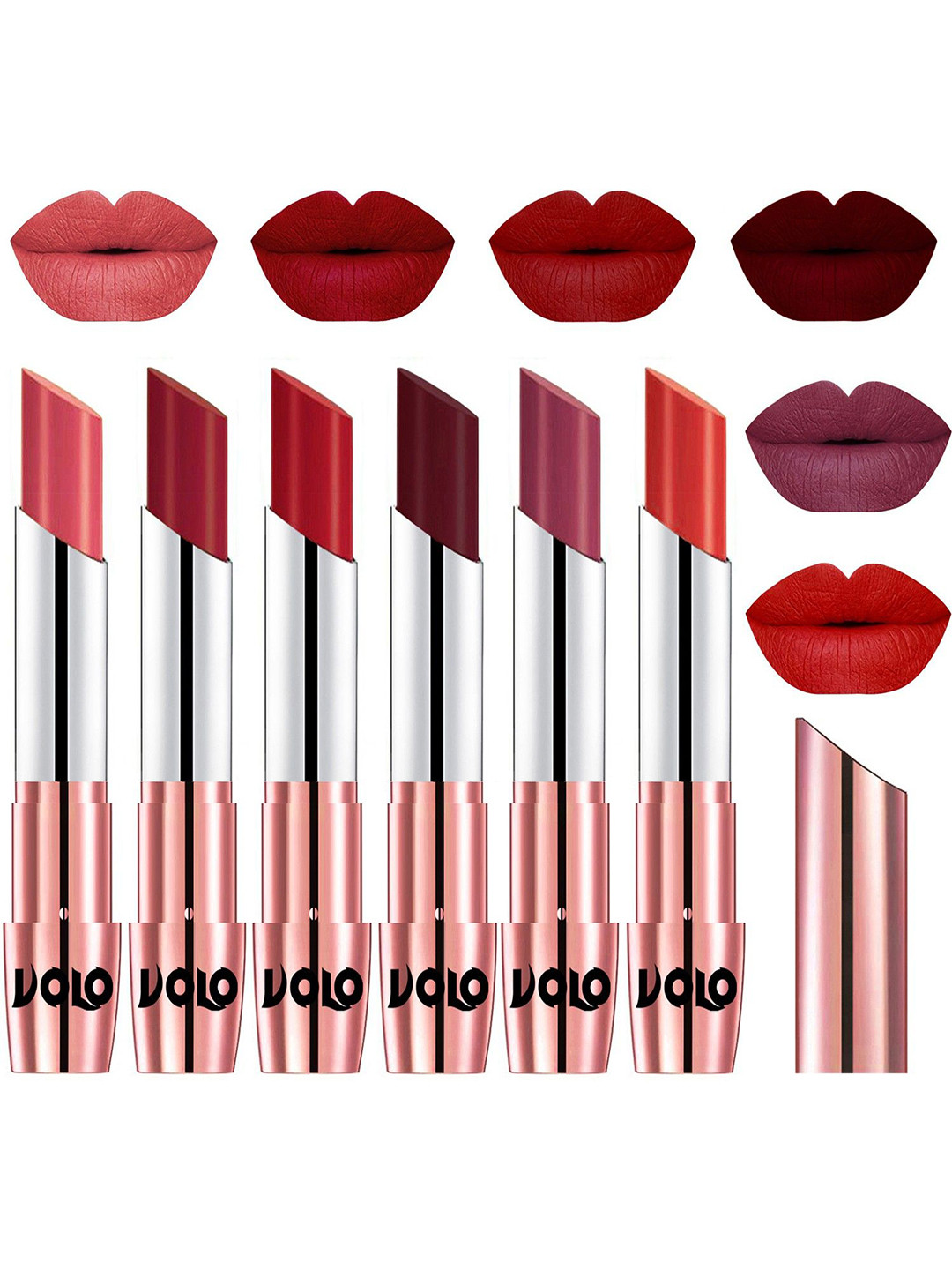 VOLO Set Of 6 Creme Matte Lipsticks - Dark Peach -Red -Tomato Red -Maroon -Cherry -Orange