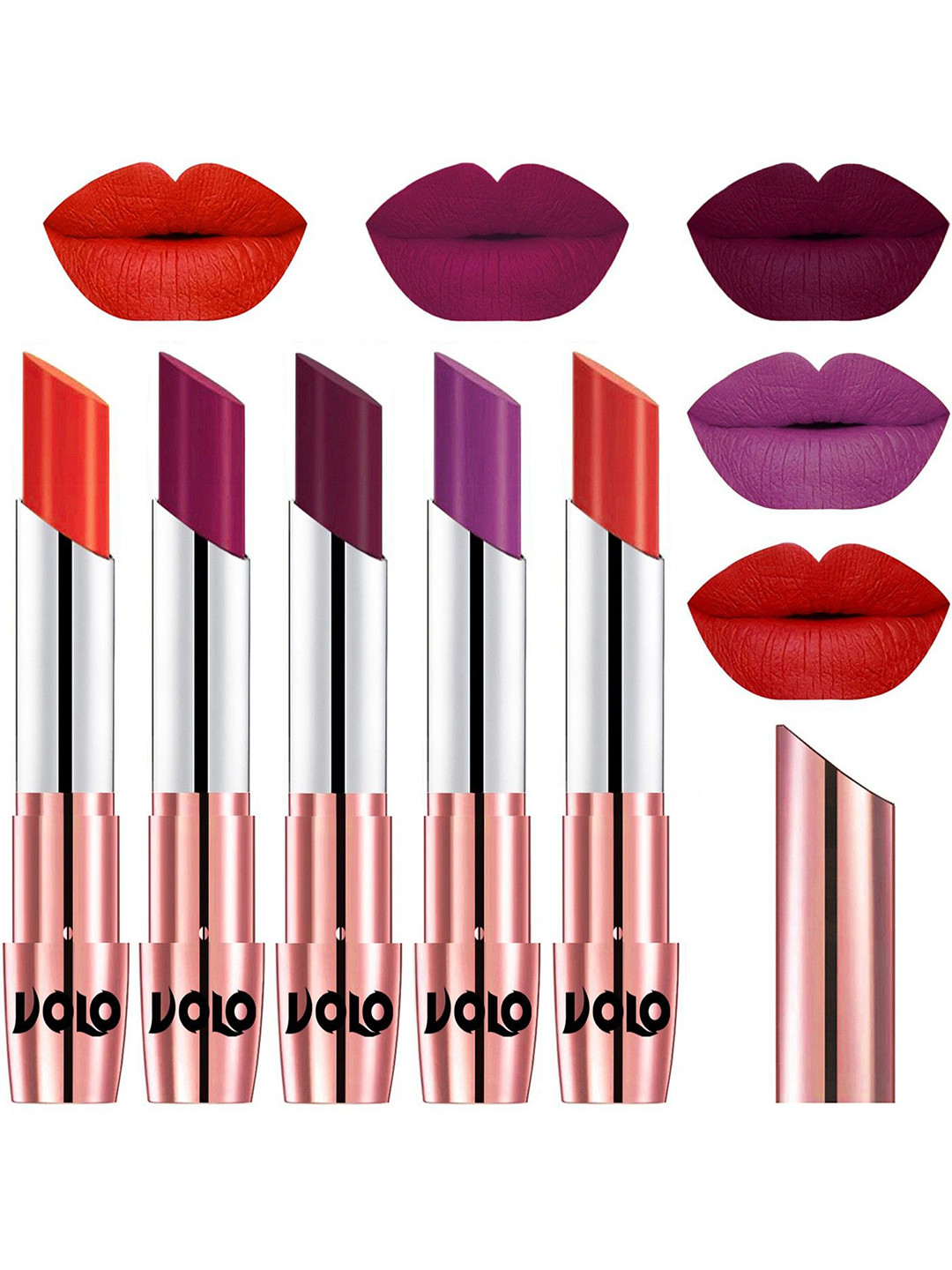 VOLO Set Of 5 Creme Matte Lipstick- Coral 39-Magenta 45- Wine 47-Purple 48-Orange 49