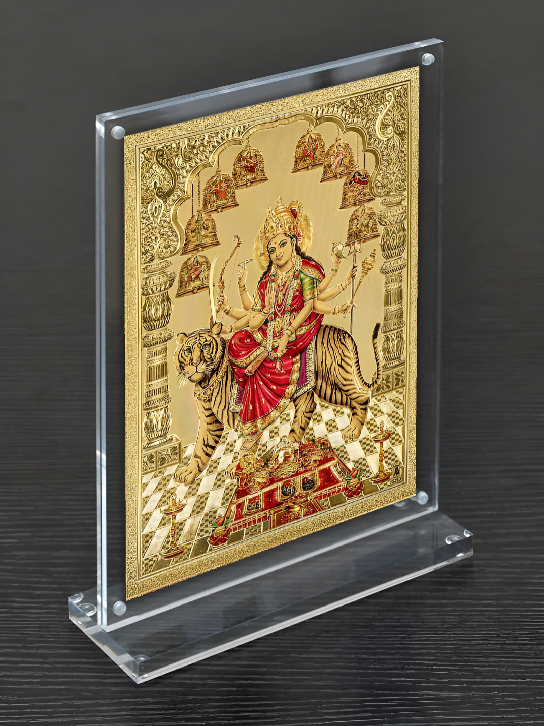 Hawai Gold-Toned & Pink Shree Nav Durga Sherawali Acrylic Wall Photo Frame