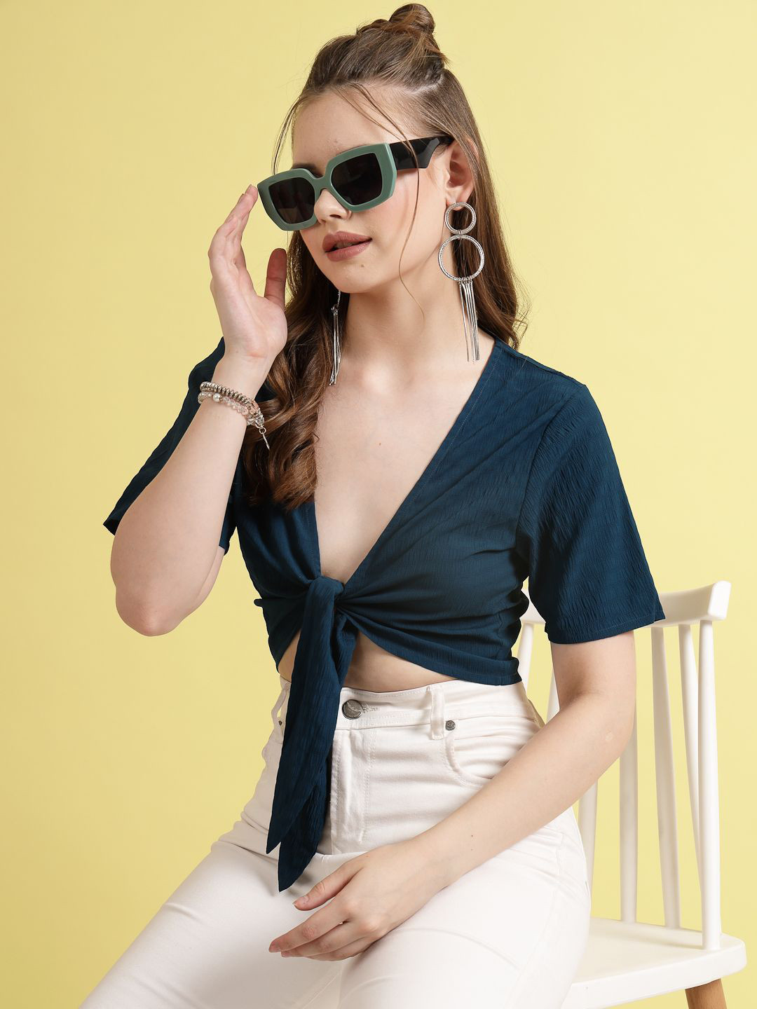 BEING NAUGHTY Women Solid Tie-Up Neck Top