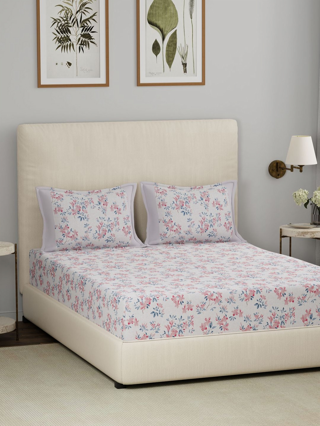 MASPAR Eclectic Garden Pink Floral Pure Cotton 210 TC Double Fine Bedsheet with 2 Pillow Covers-88 x 108 inches