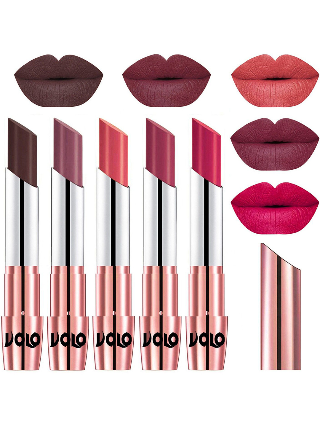VOLO Set Of 5 Creme Matte Lipsticks - Chocolate-Plum-Dark Peach-Rose Pink -Passion Pink