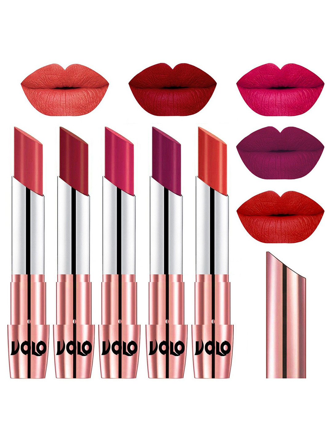 VOLO Set Of 5 Creme Matte Lipsticks-Peach 33-Red 43-Passion Pink 44-Magenta 45-Orange 49
