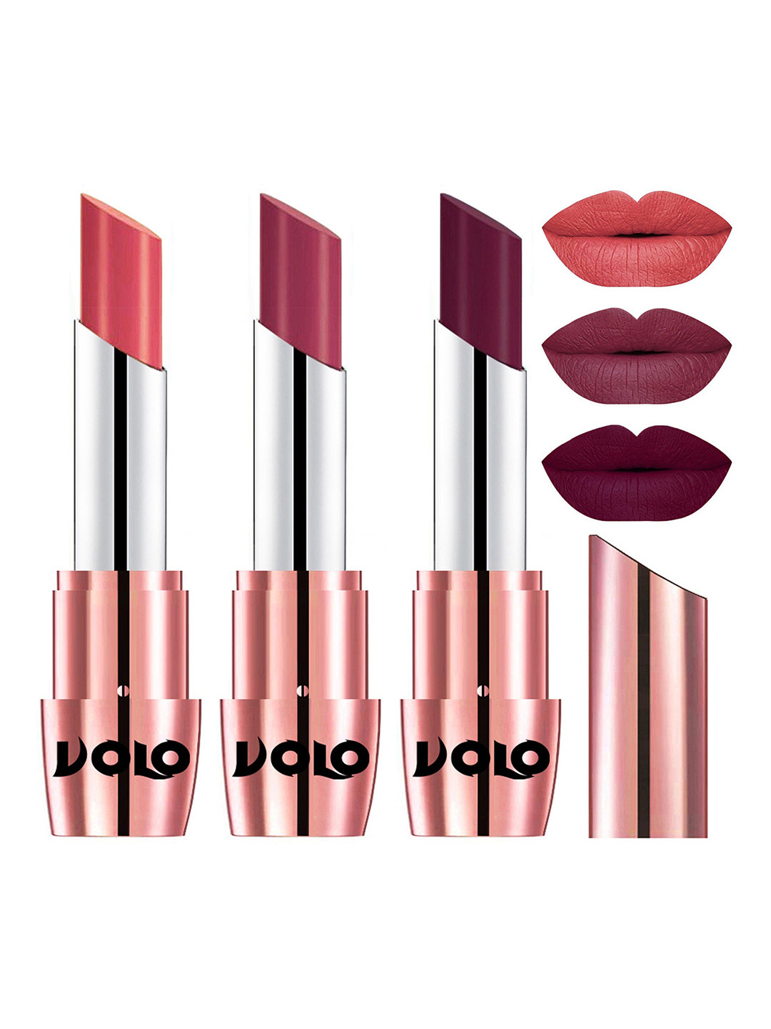 VOLO Set Of 3 Creme Matte Lipstick-3.5 g Each-637-Dark Peach 638-Wine 647-Rose Pink