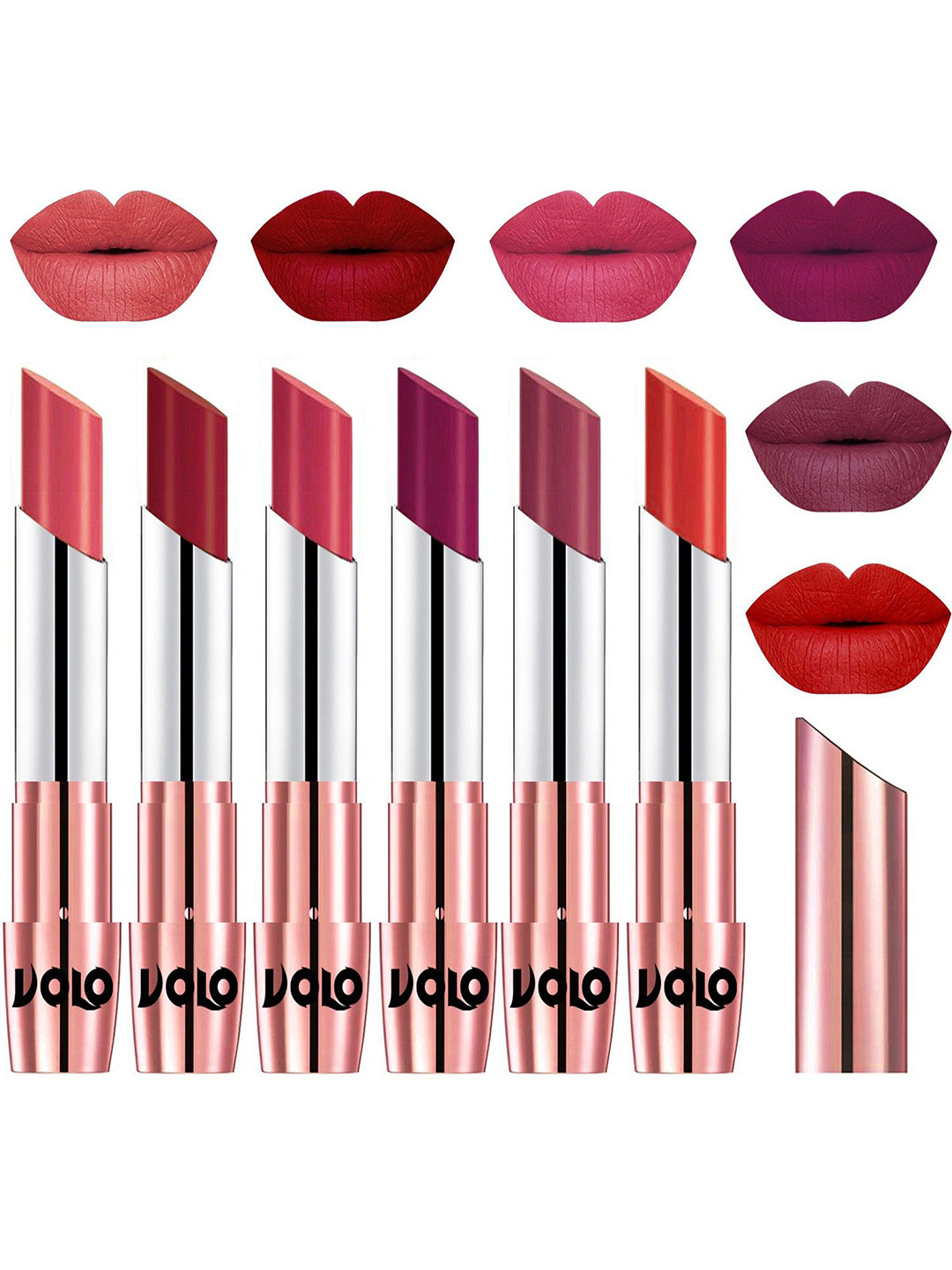 VOLO Set Of 6 Creme Matte Lipsticks 3.5 g Each -Dark Peach-Red-Pink- Magenta-Cherry-Orange