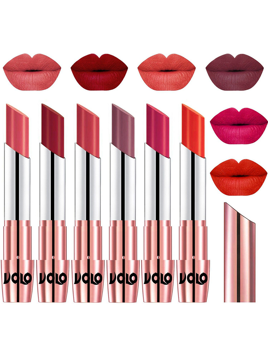 VOLO Set Of 6 Creme Matte Lipstick -Dark Peach 01-Red 02-Peach 09-Plum-Passion Pink-Coral