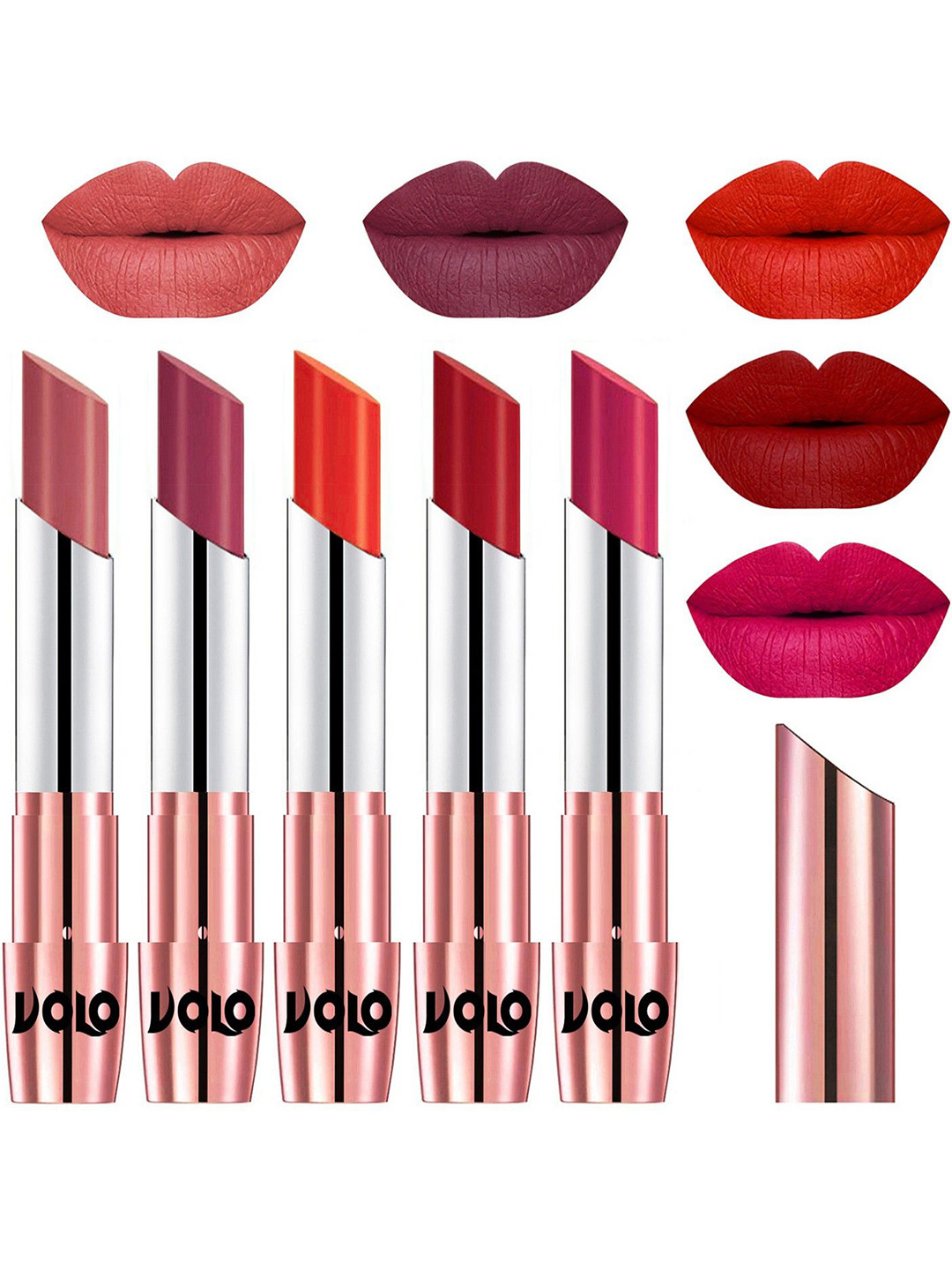 VOLO Set Of 5 Lipsticks-Light Peach 32-Rose Pink 38-Coral 39-Tomato Red 40-Passion Pink 44