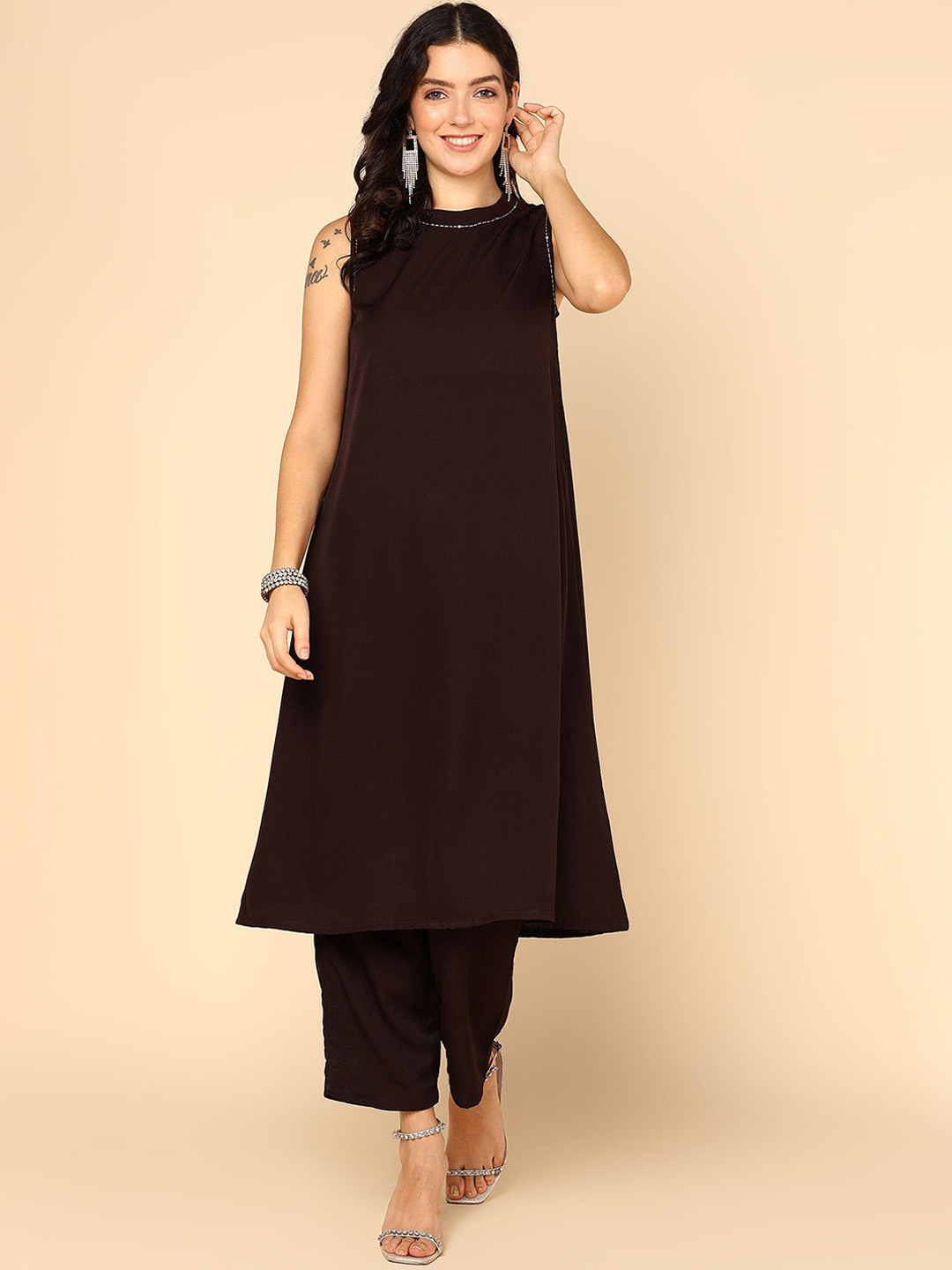 Shiv ali apparels Kantha Work Sequined Round Neck A-Line Kurta With Palazzos