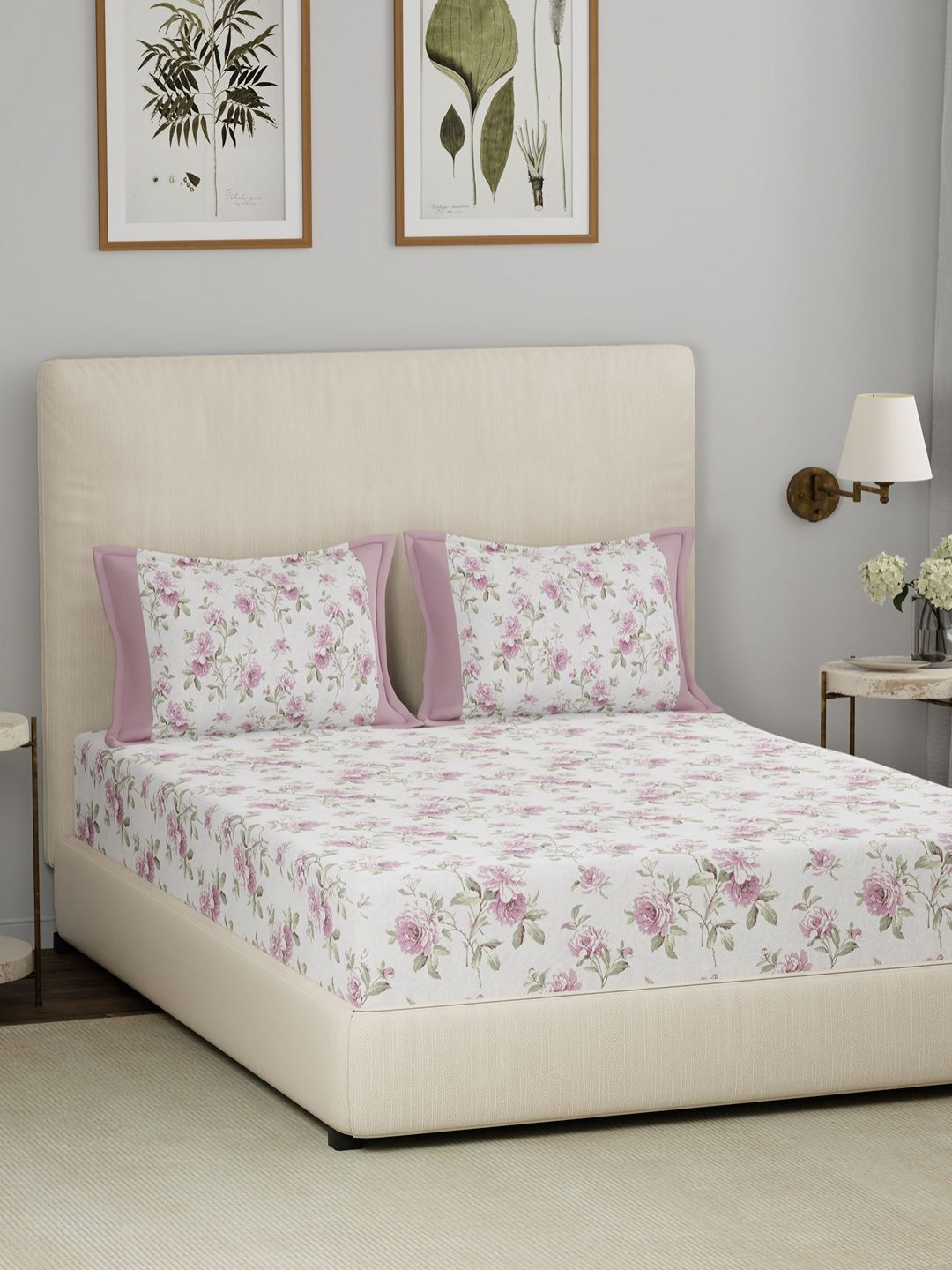 MASPAR Eclectic Garden White Floral Pure Cotton 210 TC King Fine Bedsheet with 2 Pillow Covers-108 x 108 inches
