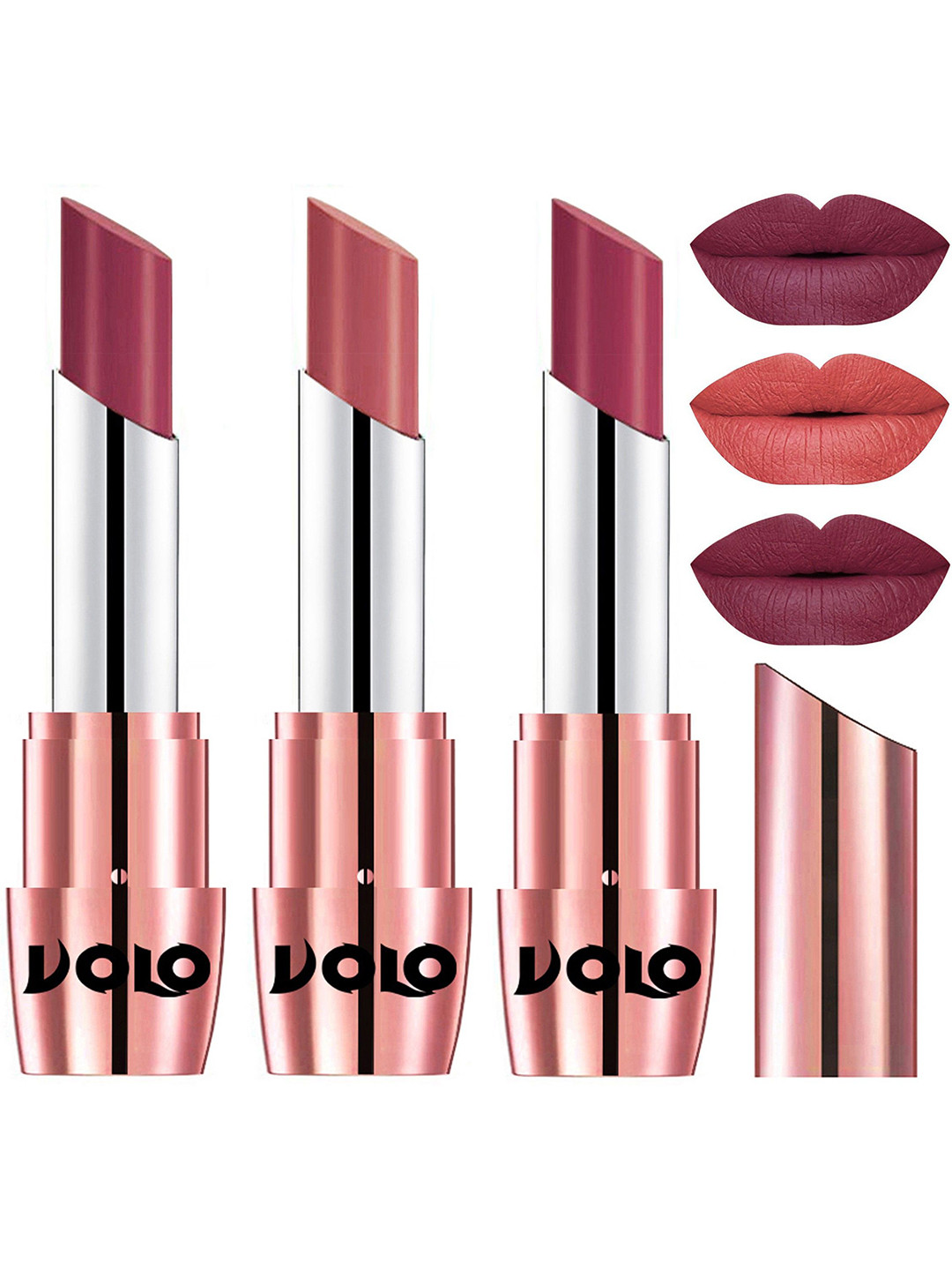 VOLO Set Of 3 Creamy Matte Lipstick- 3.5g- Cherry- Light peach- Rose pink-631-632-638