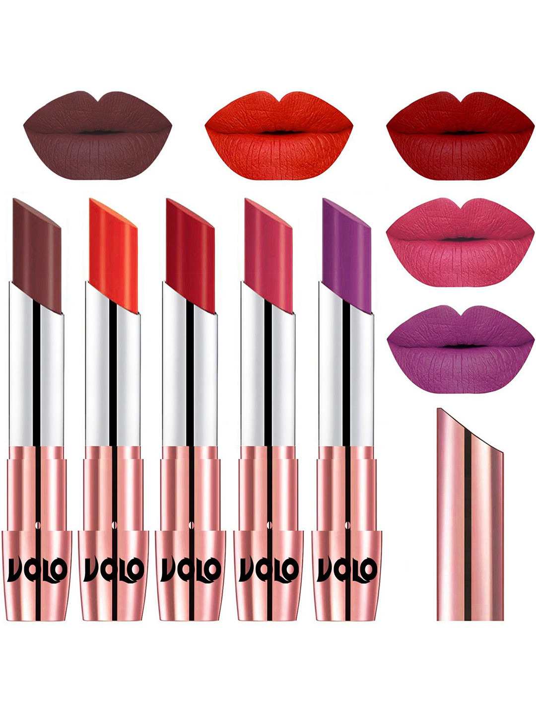 VOLO Set Of 5 Creme Matte Lipsticks-Coffee 34-Coral 39-Tomato Red 40-Pink 41-Purple 48