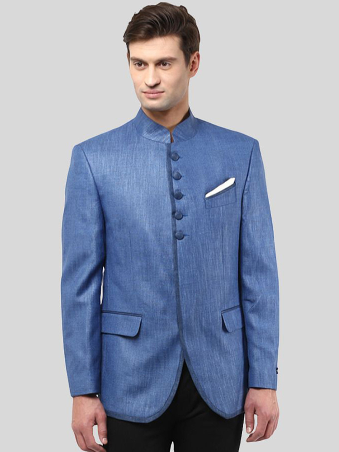 Givo Tailored Fit Band Collar Bandhgala Double Vent Linen Casual Blazer