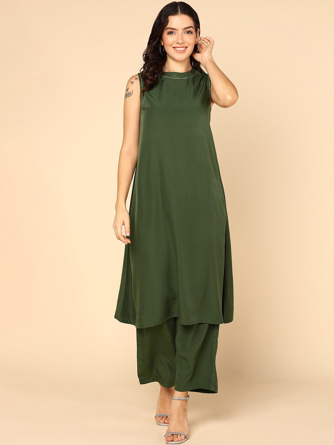 Shiv ali apparels Kantha Work Sequined Round Neck A-Line Kurta With Palazzos