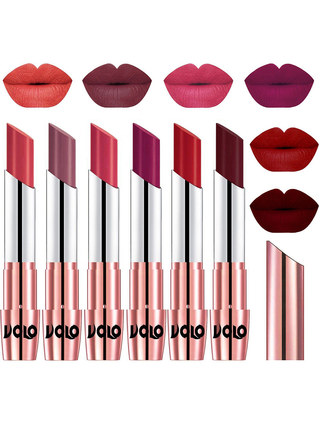 VOLO Set Of 6 Creme Matte Lipstick-Peach-Plum-Pink-Magenta-Tomato Red-Maroon