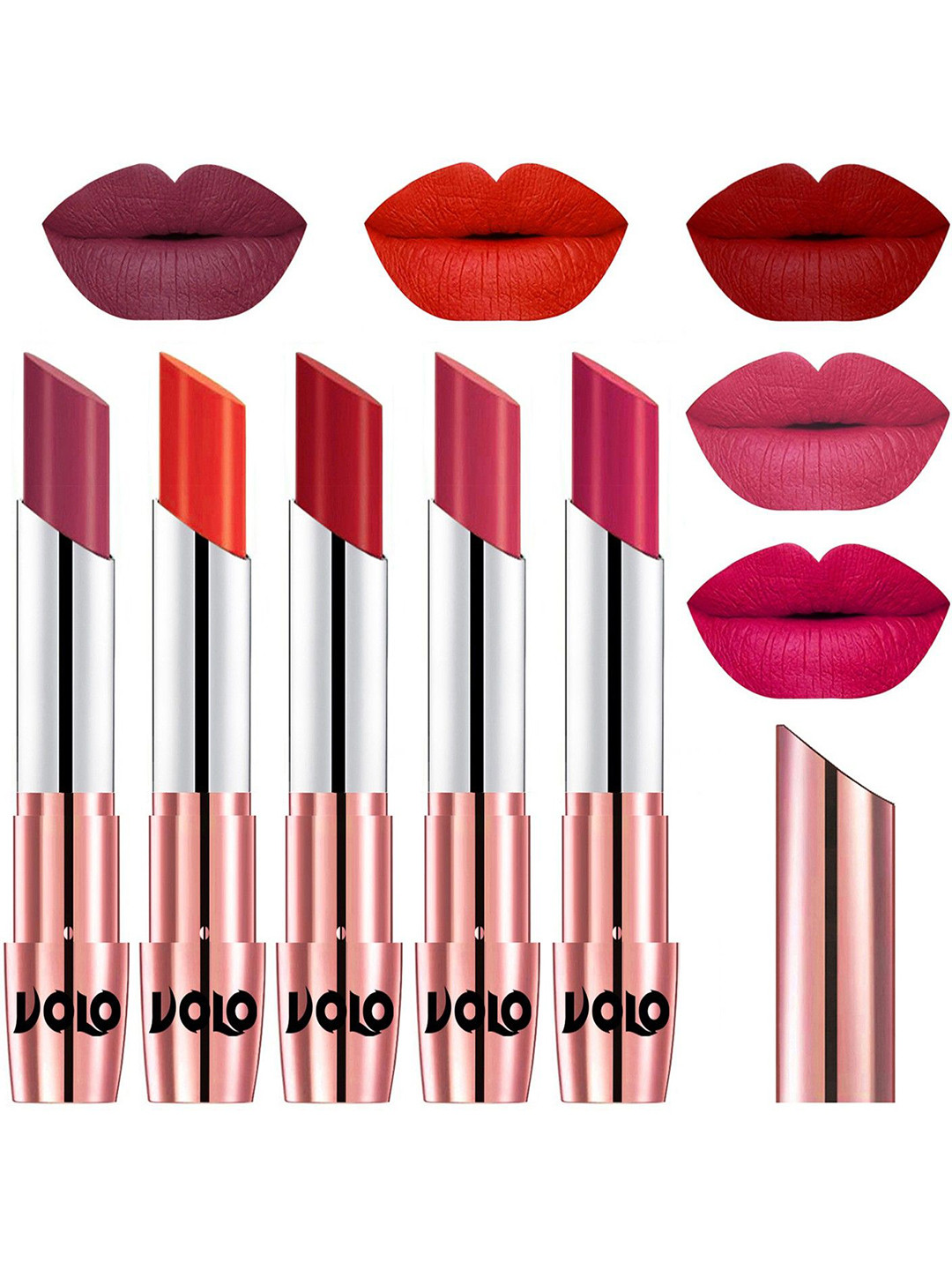 VOLO Set Of 5 Matte Lipsticks -Rose Pink 38-Coral 39-Tomato Red 40-Pink 41-Passion Pink 44