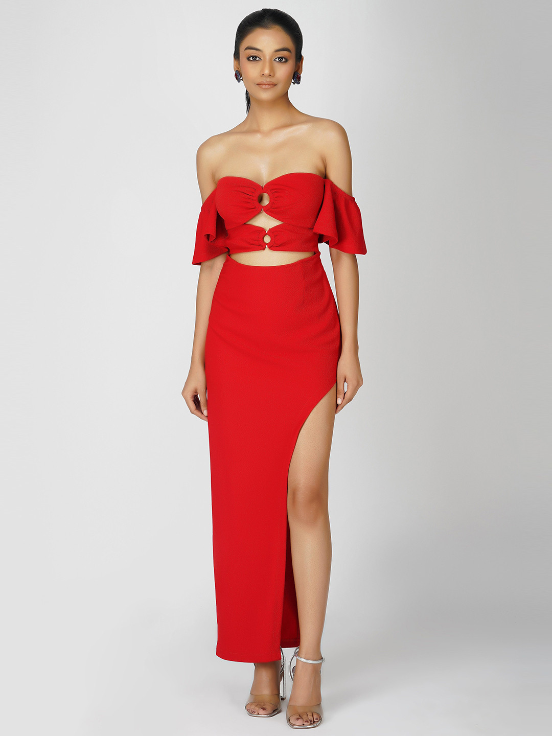 THE CLOTHING FACTORY Off-Shoulder Cut-Outs Crepe Sheath Maxi Dress