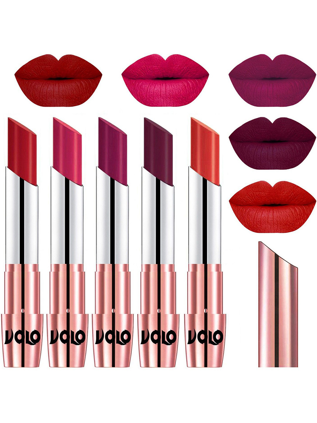 VOLO Set Of 5 Matte Lipsticks - Tomato Red 40-Passion Pink 44-Magenta 45-Wine 47-Orange 49