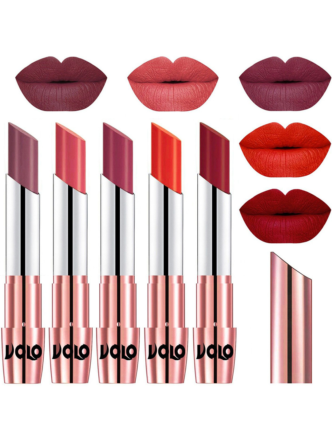 VOLO Set Of 5 Creme Matte Lipsticks - Plum 36-Dark Peach 37-Rose Pink 38-Coral 39-Red 43