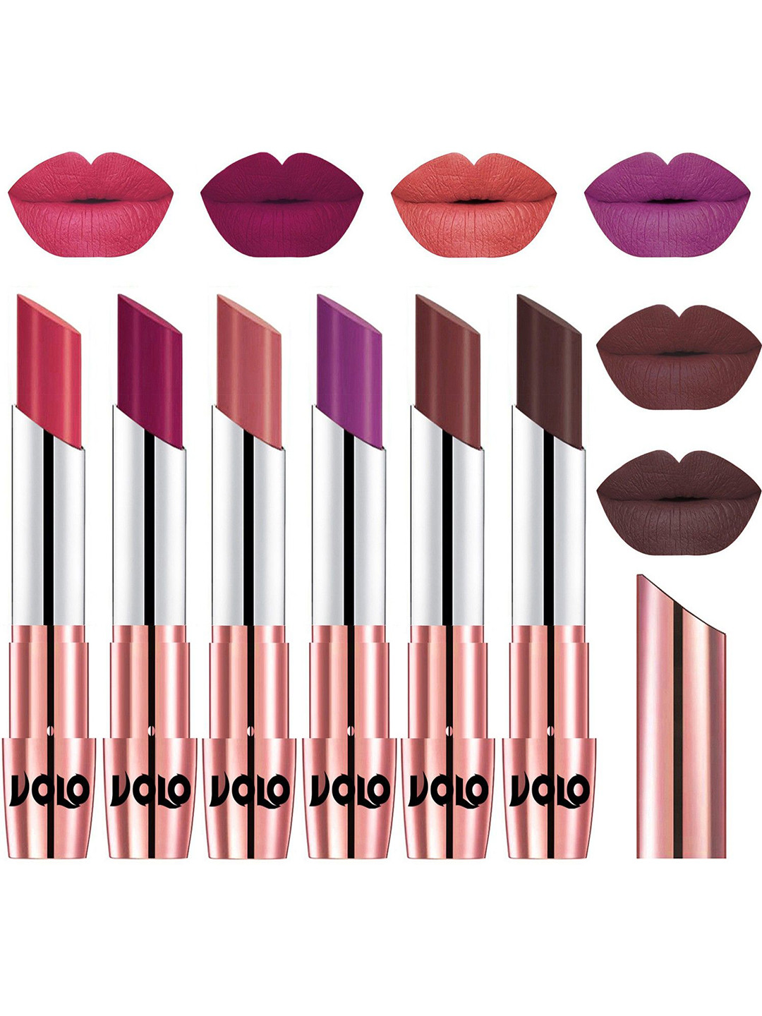 VOLO Set Of 6 Creme Matte Lipsticks -Pink-Magenta-Light Peach-Purple-Coffee-Chocolate