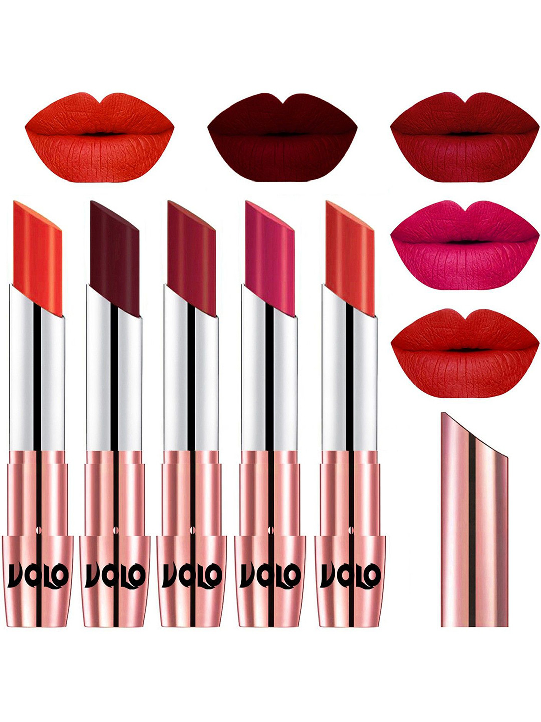 VOLO Set Of 5 Creme Matte Lipsticks - Coral 39-Maroon 42-Red 43-Passion Pink 44- Orange 49