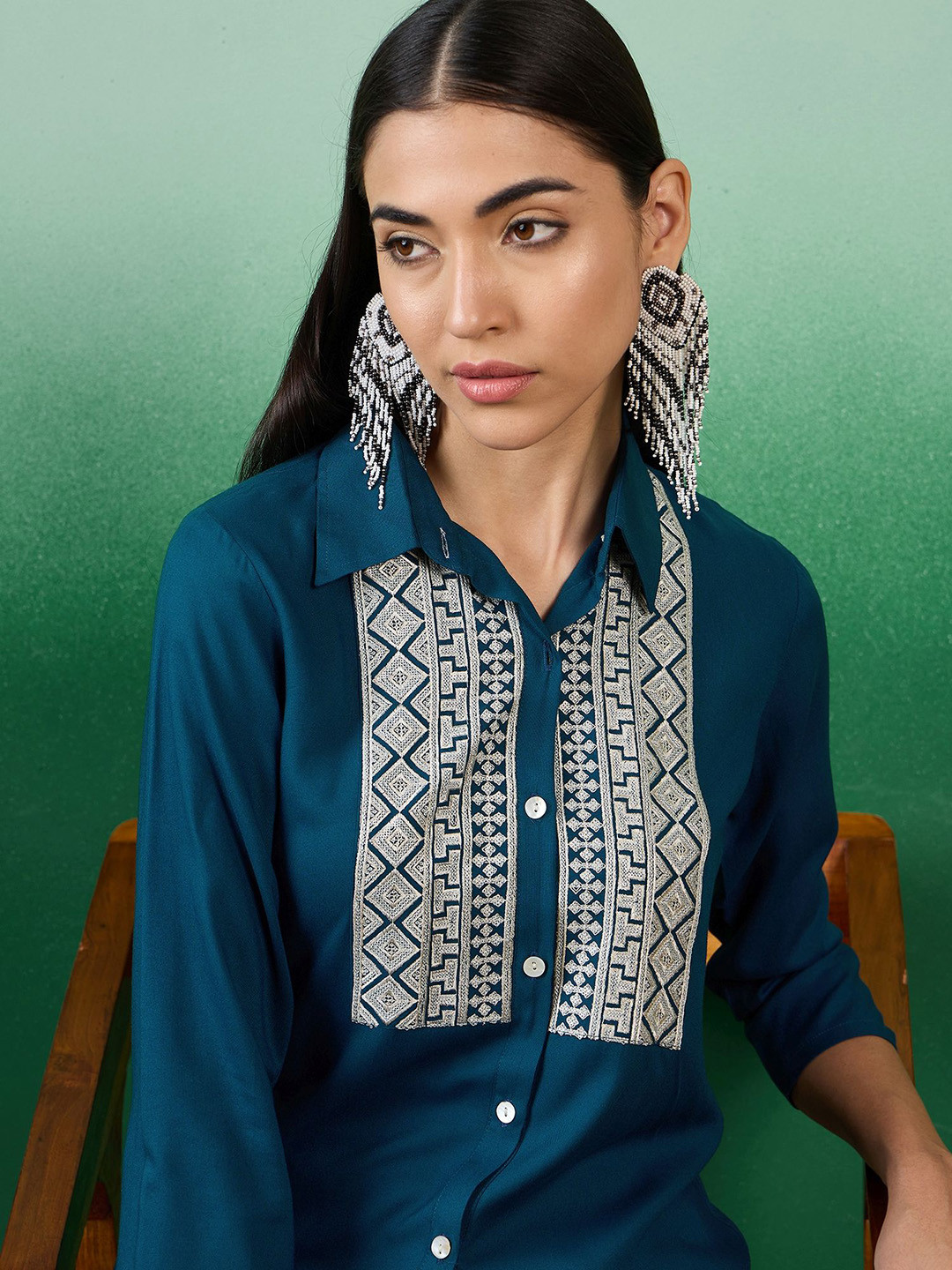 Sangria Teal Blue & White Embroidered Shirt With Trouser