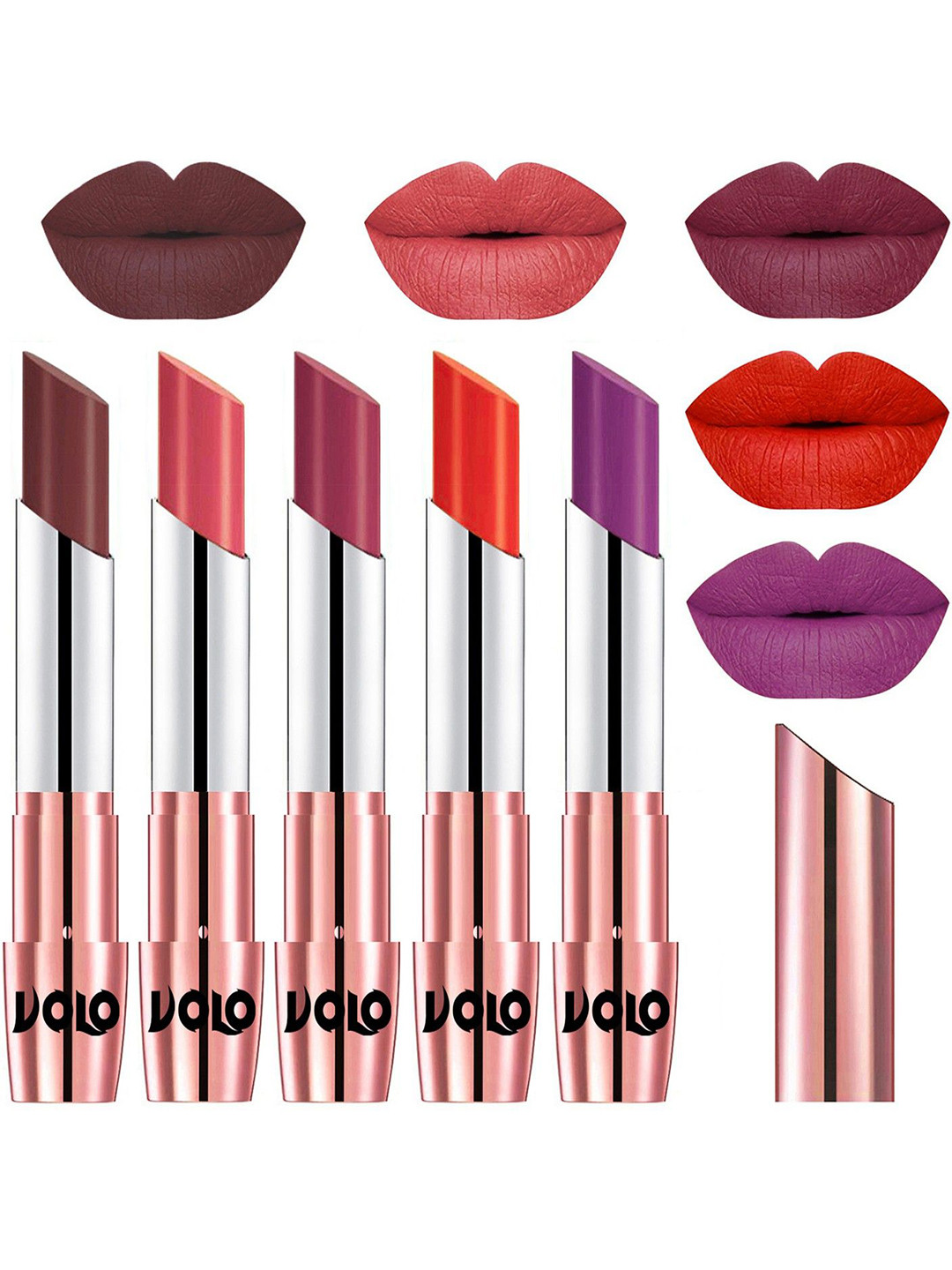 VOLO Set Of 5 Creme Matte Lipstick-Coffee 34-Dark Peach 37-Rose Pink 38-Coral 39-Purple 48