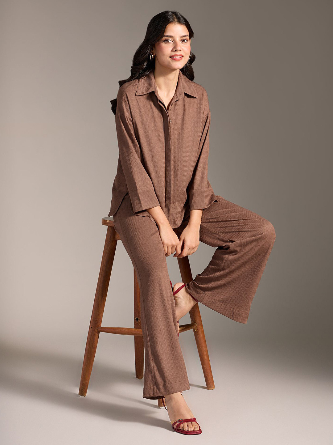 20Dresses Brown Self Design Shirt With Trousers