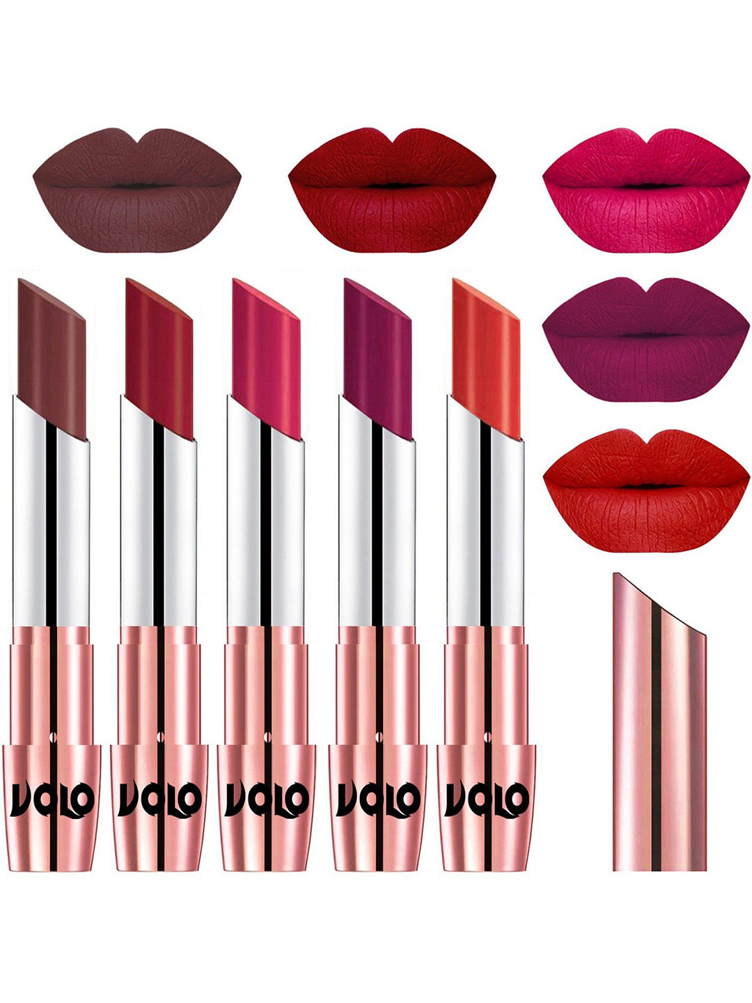 VOLO Set Of 5 Creme Matte Lipsticks -Coffee 34-Red 43-Passion Pink 44-Magenta 45-Orange 49