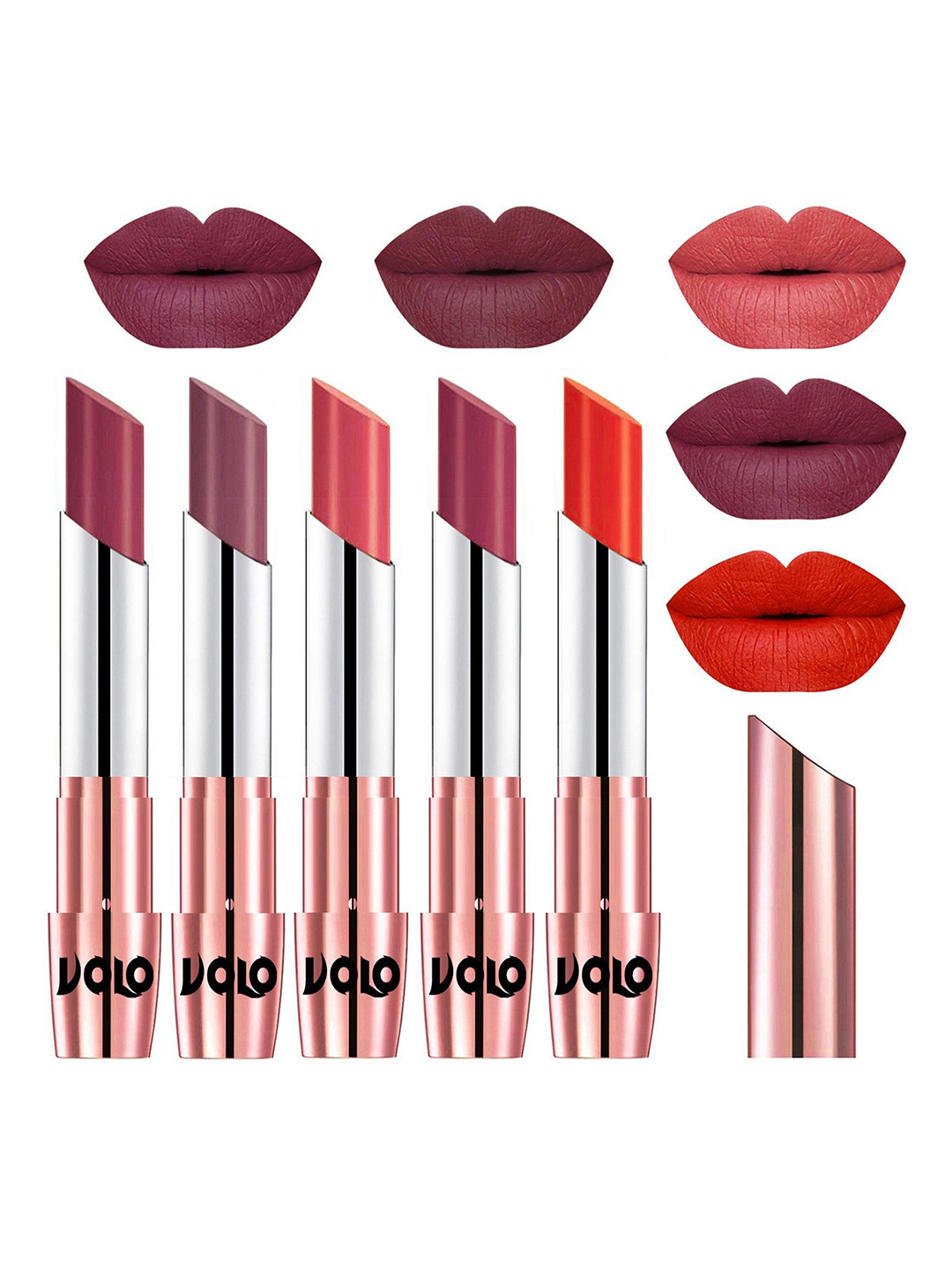 VOLO Set Of 5 Creme Matte Lipstick - 3.5 g Each -Cherry-Plum-Dark Peach-Rose Pink-Pink