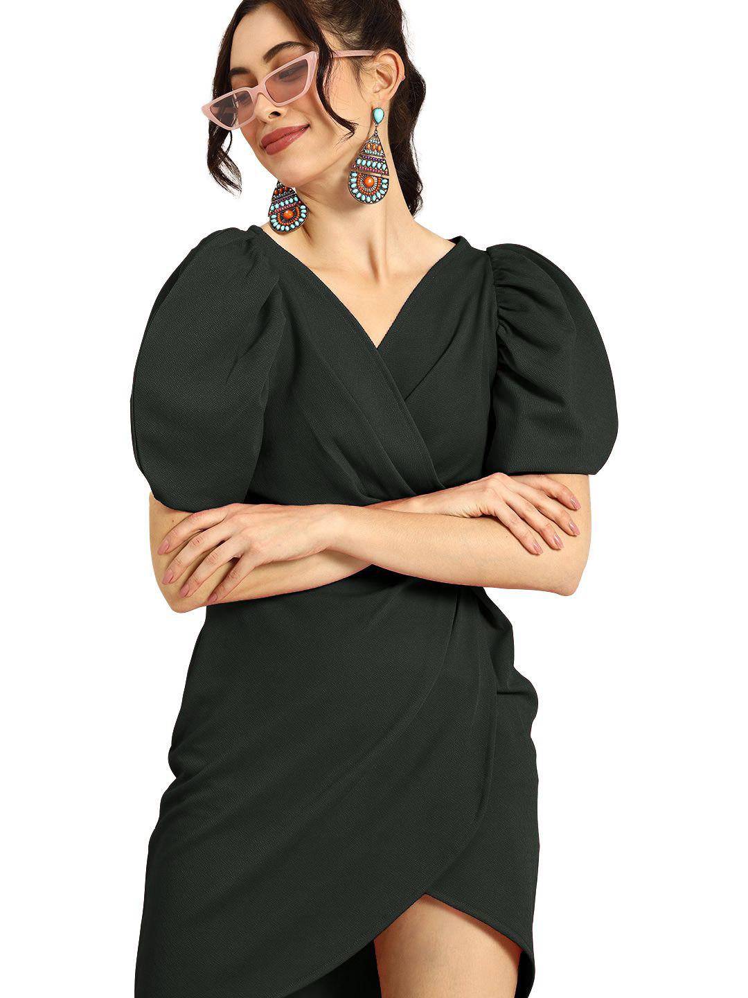 SP DESIGNS Women's Puff Sleeve V-Neck Bodycon Mini Dress