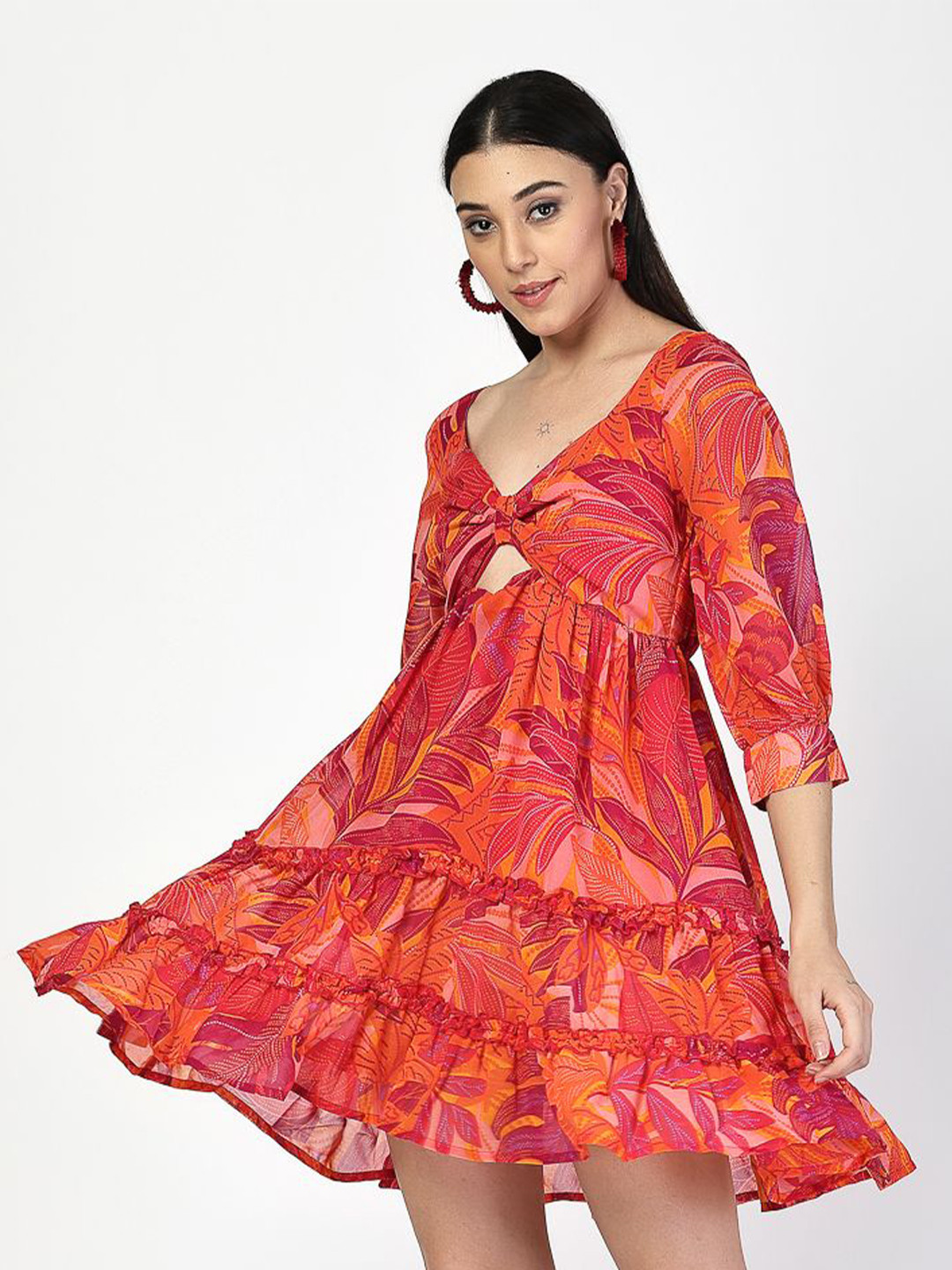 COSMIC TRIO Women Tropical Printed Puff Sleeves Fit & Flare Dress