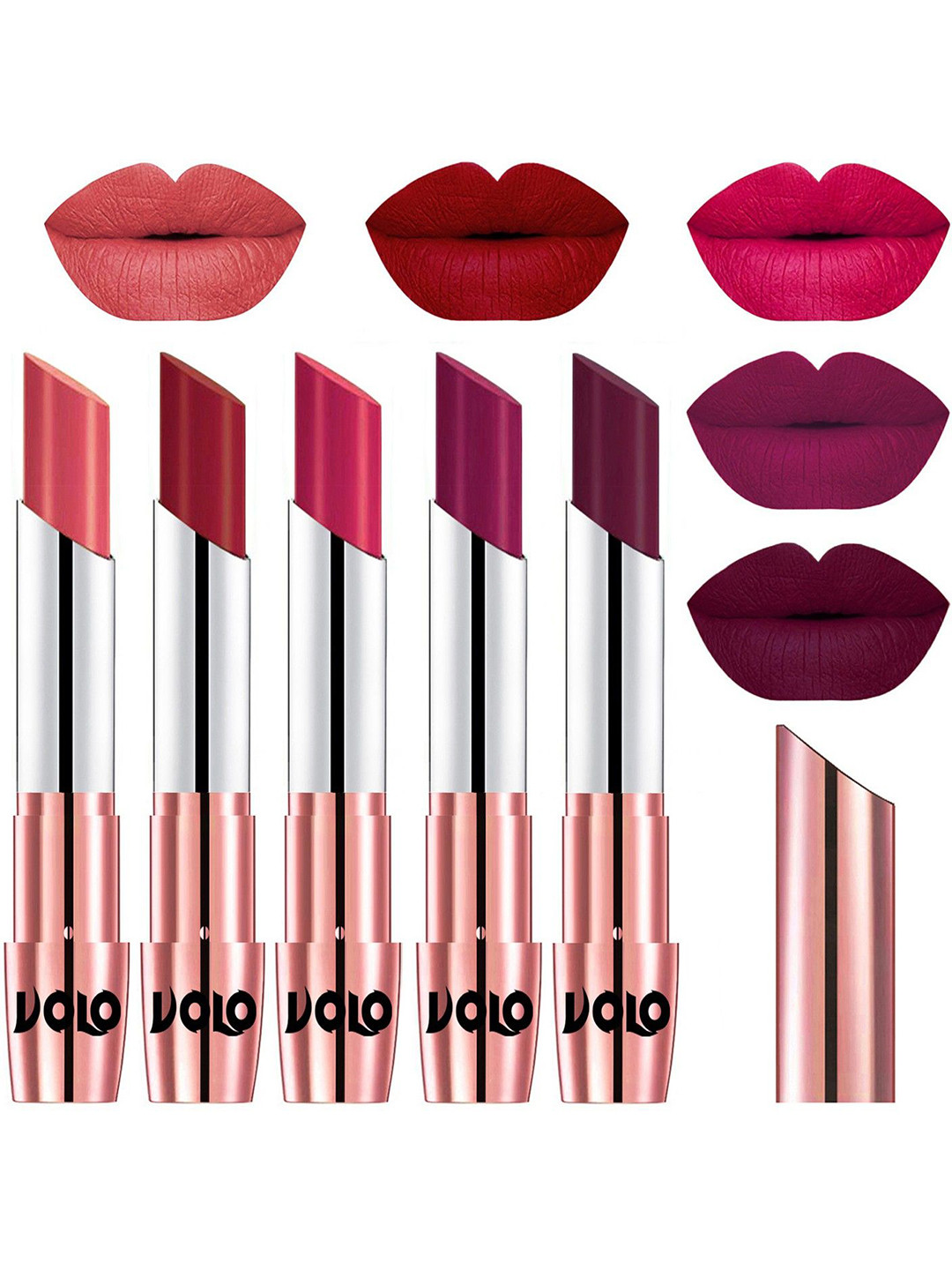 VOLO Set Of 5 Creme Matte Lipstick 3.5g Each -Dark Peach- Red-Passion Pink- Magenta-Wine