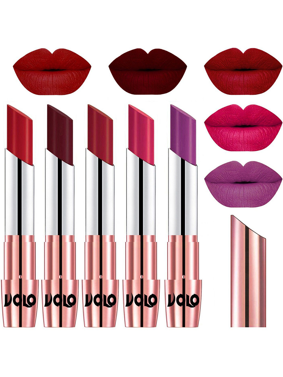 VOLO Set Of 5 Matte Lipsticks - Tomato Red 40-Maroon 42-Red 43-Passion Pink 44-Purple 48