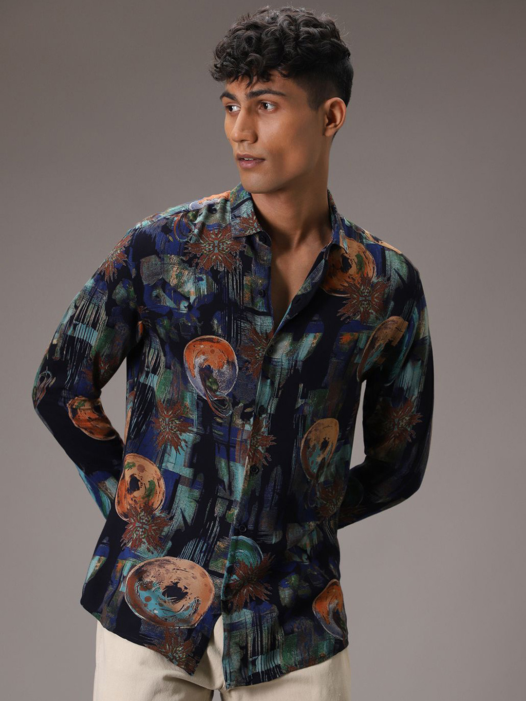 Banana Club Abstract Feather Viscose Rayon Long Sleeves Shirt