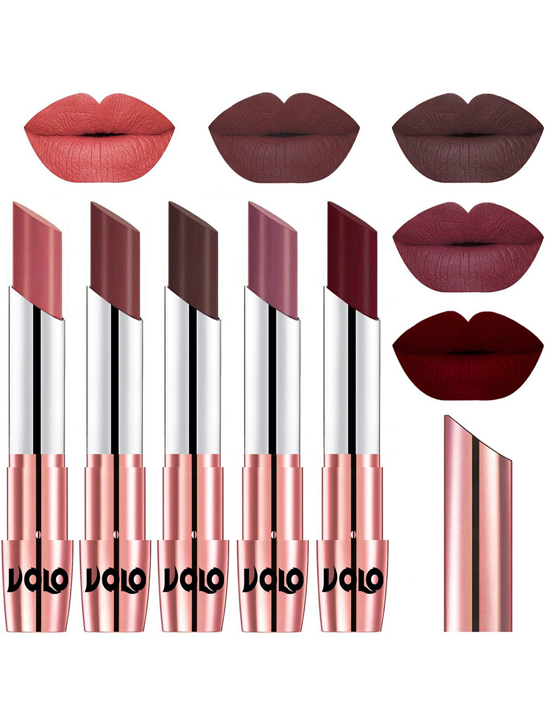 VOLO Set Of 5 Creme Matte Lipstick-3.5g Each-Light Peach- Coffee- Chocolate- Plum- Maroon