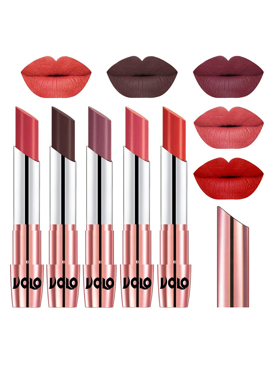 VOLO Set Of 5 Creme Matte Lipstick 3.5g Each -Peach-Chocolate-Plum-Dark Peach-Orange