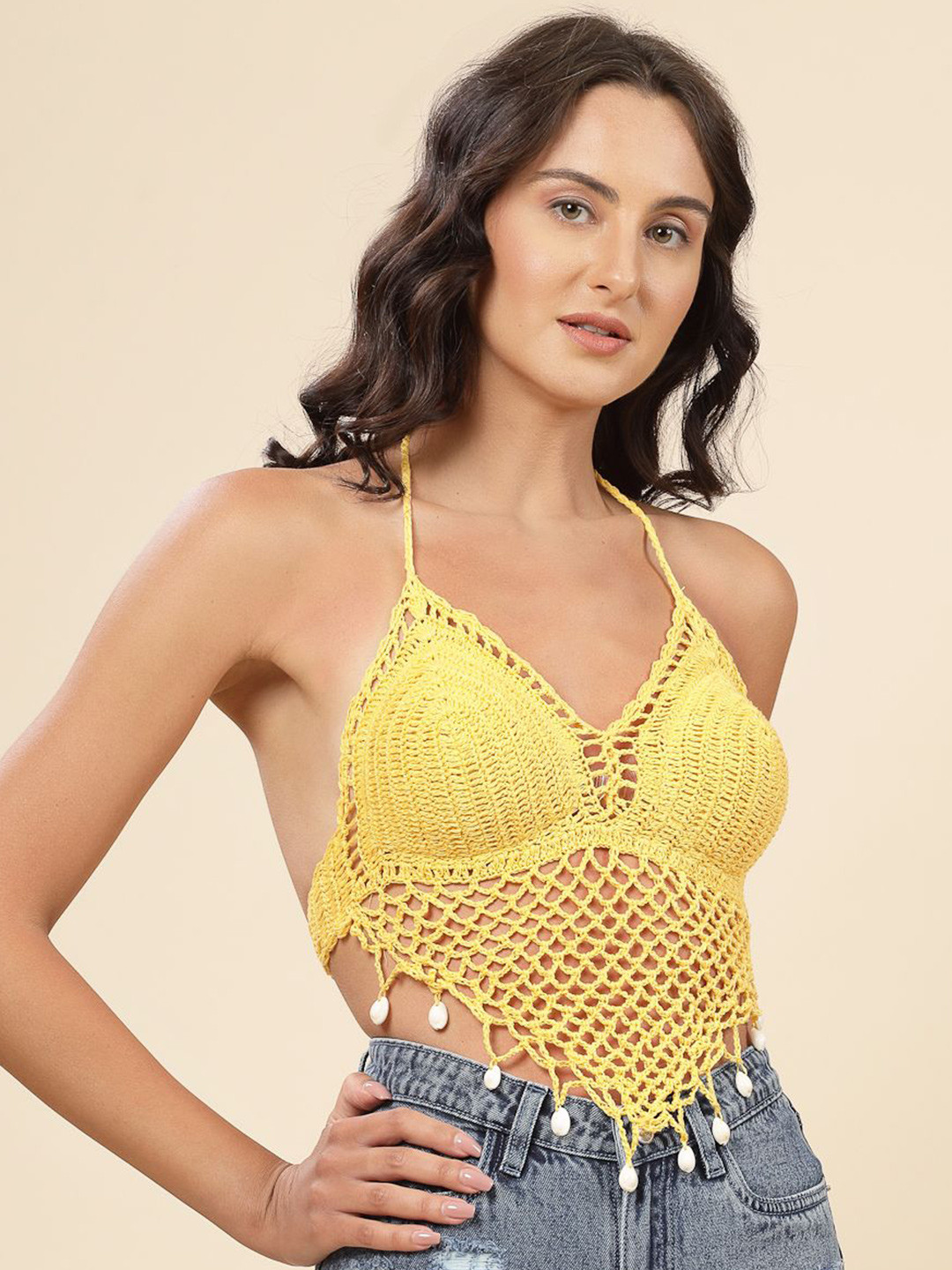 Velvery Women Self Design Halter Neck Cotton Top