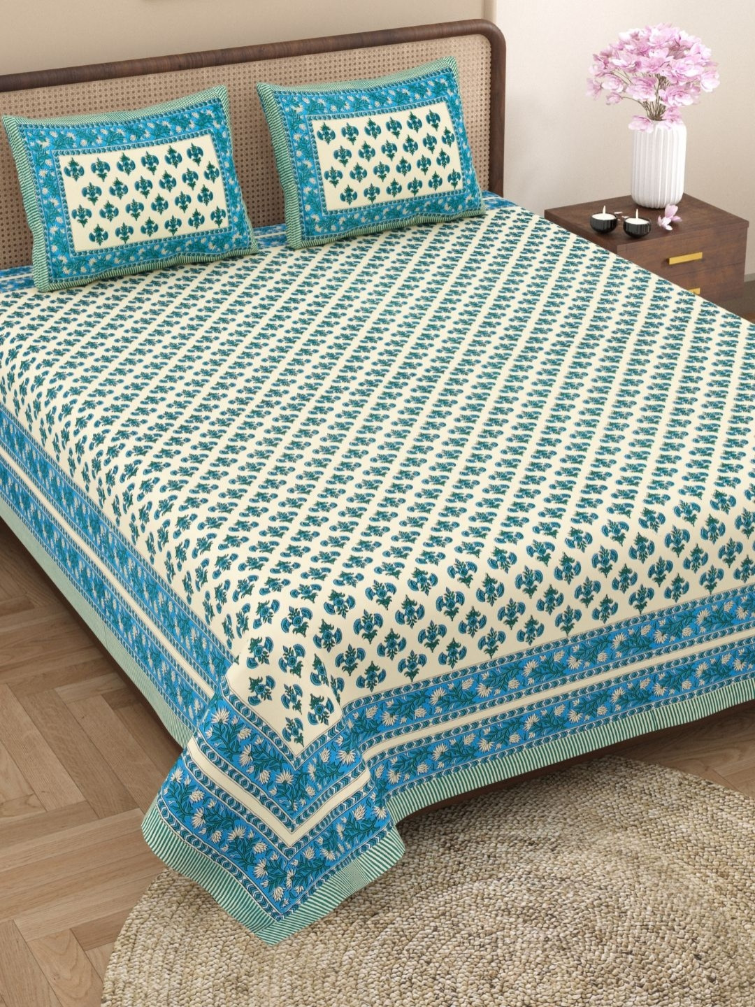 The Craft Monk Beige Floral Cotton 240 TC King Fine Bedsheet with 2 Pillow Covers-108 x 90 inches