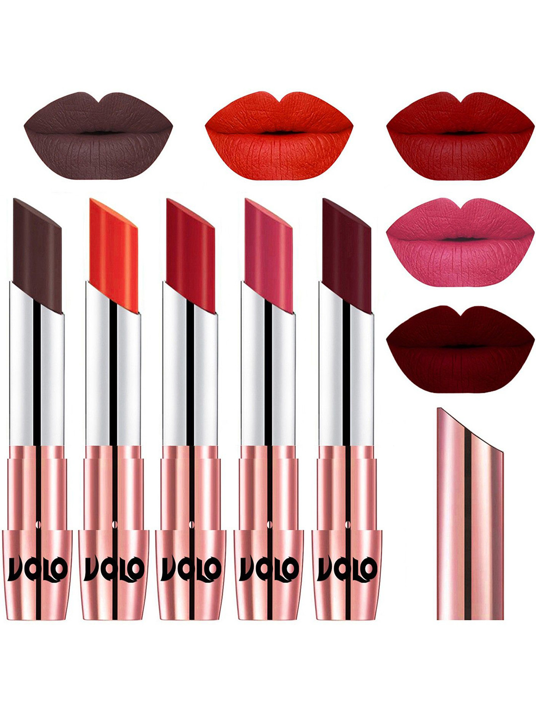 VOLO Set Of 5 Creme Matte Lipsticks -Chocolate 35-Coral 39-Tomato Red 40-Pink 41-Maroon 42